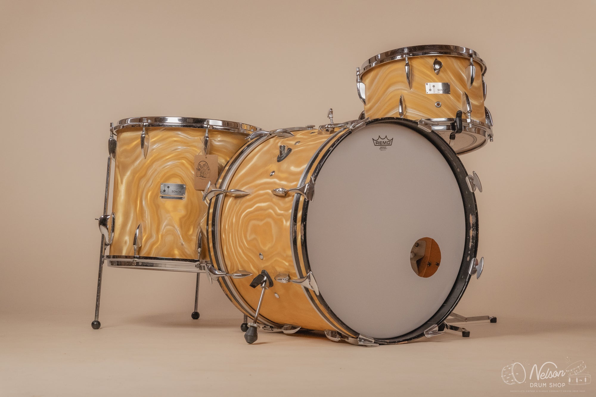 1960s Sonor Teardrop In Gold Satin Flame - 14x20, 14.5x16, 8x13