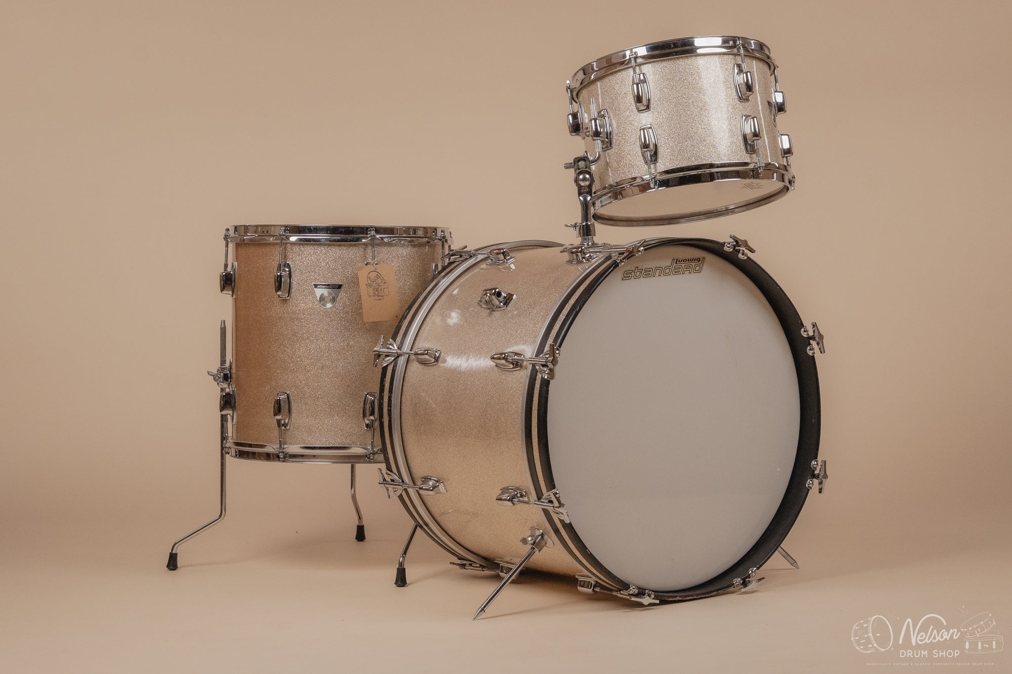 1968 Ludwig Standard 'Downbeat' in Silver Mist - 14x20, 14x14, 8x12