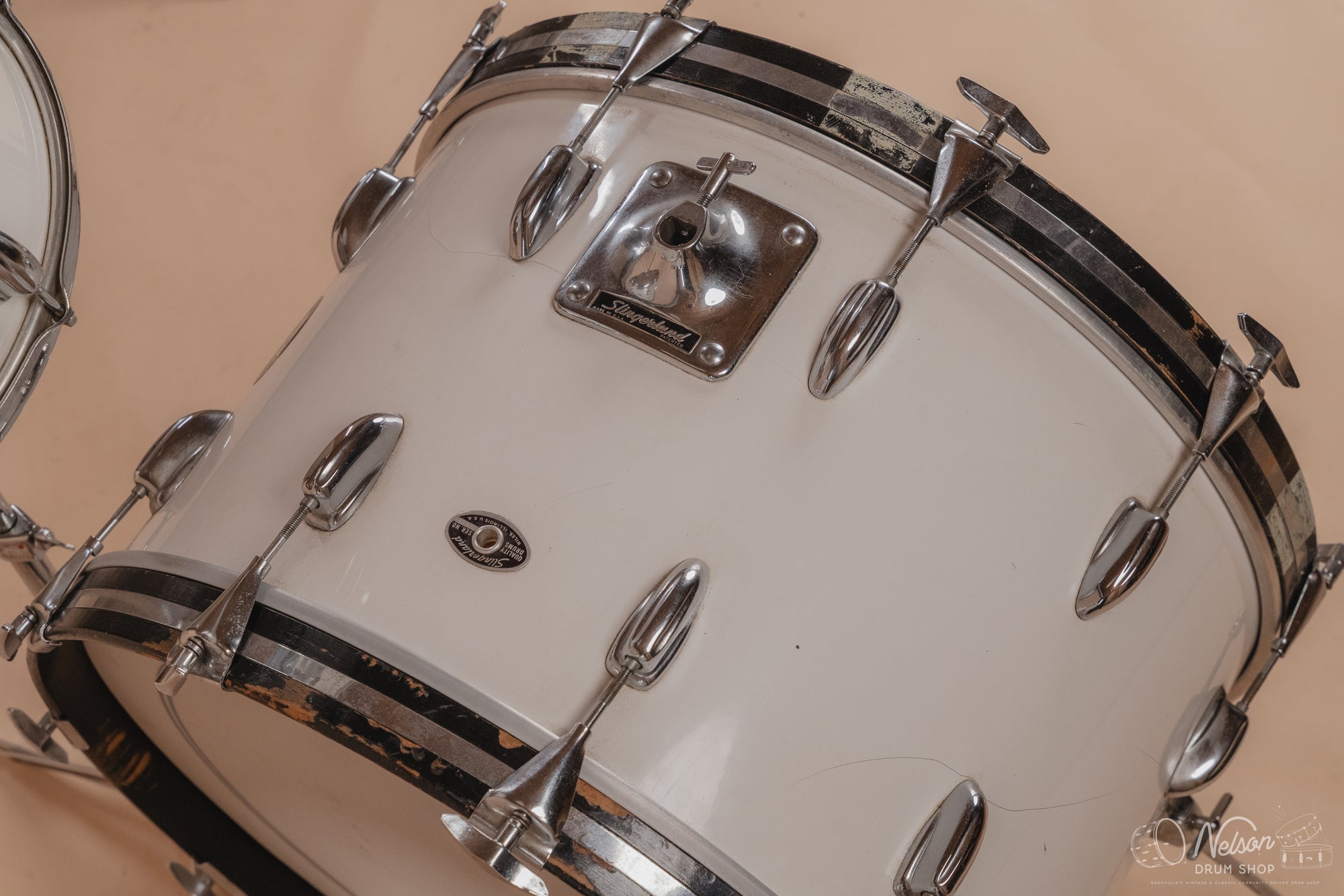 1970's Slingerland 'Gene Krupa' No. 1 N 5 ply in White Gloss - 14x22, 9x13, 16x16