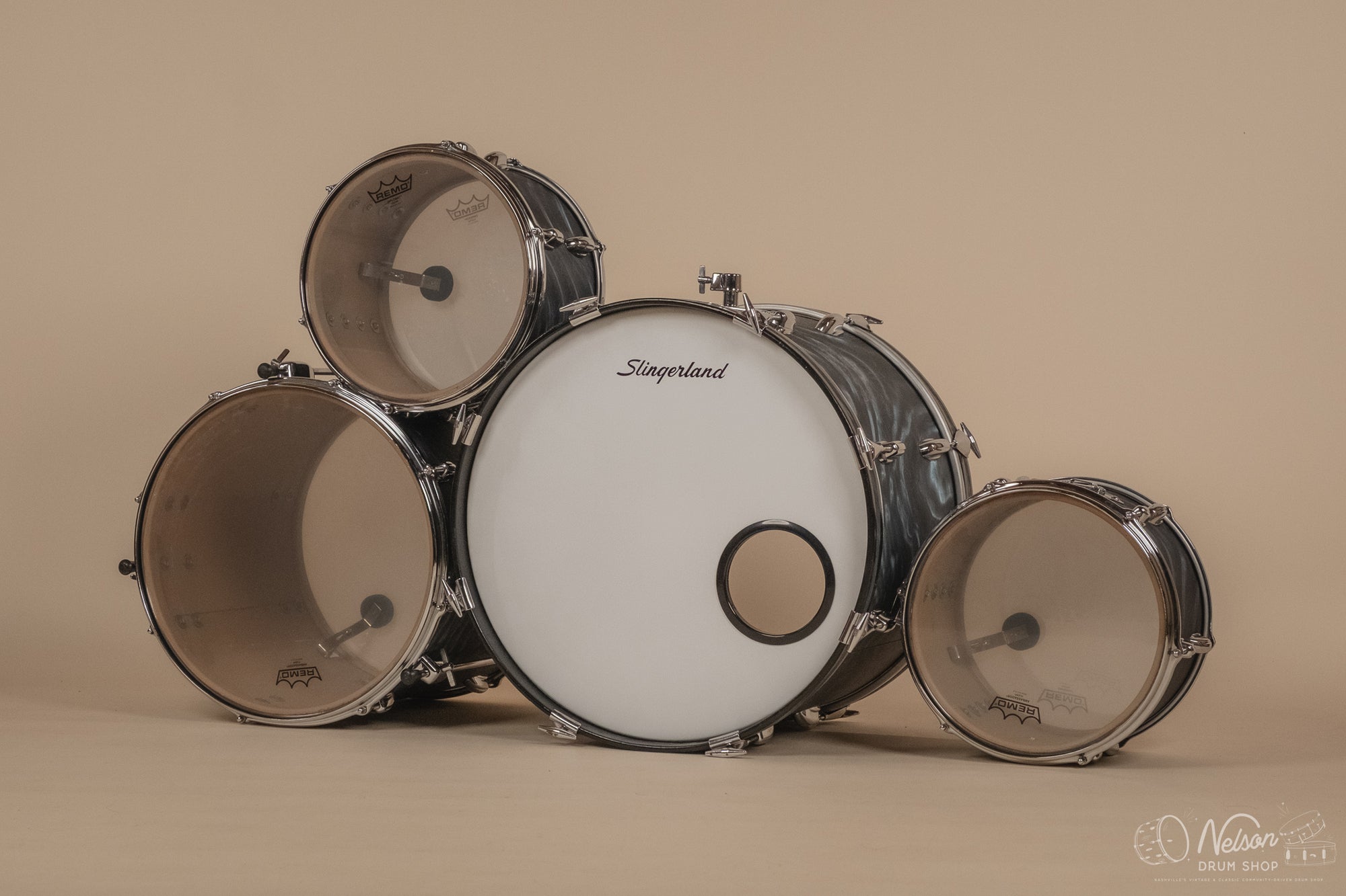 1960s Slingerland 'Modern Solo Outfit' in Charcoal Satin Flame - 14x20, 16x16, 8x12, 8x12