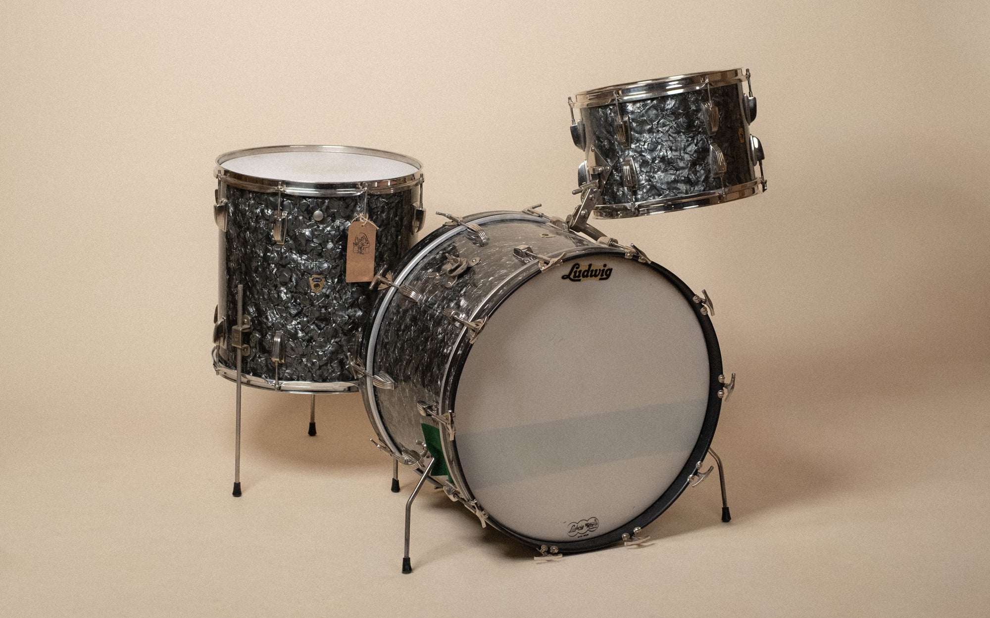 1950s/60s Ludwig Transition Badge 'Super Classic' in Black Diamond Pearl - 14x22, 16x16, 9x13