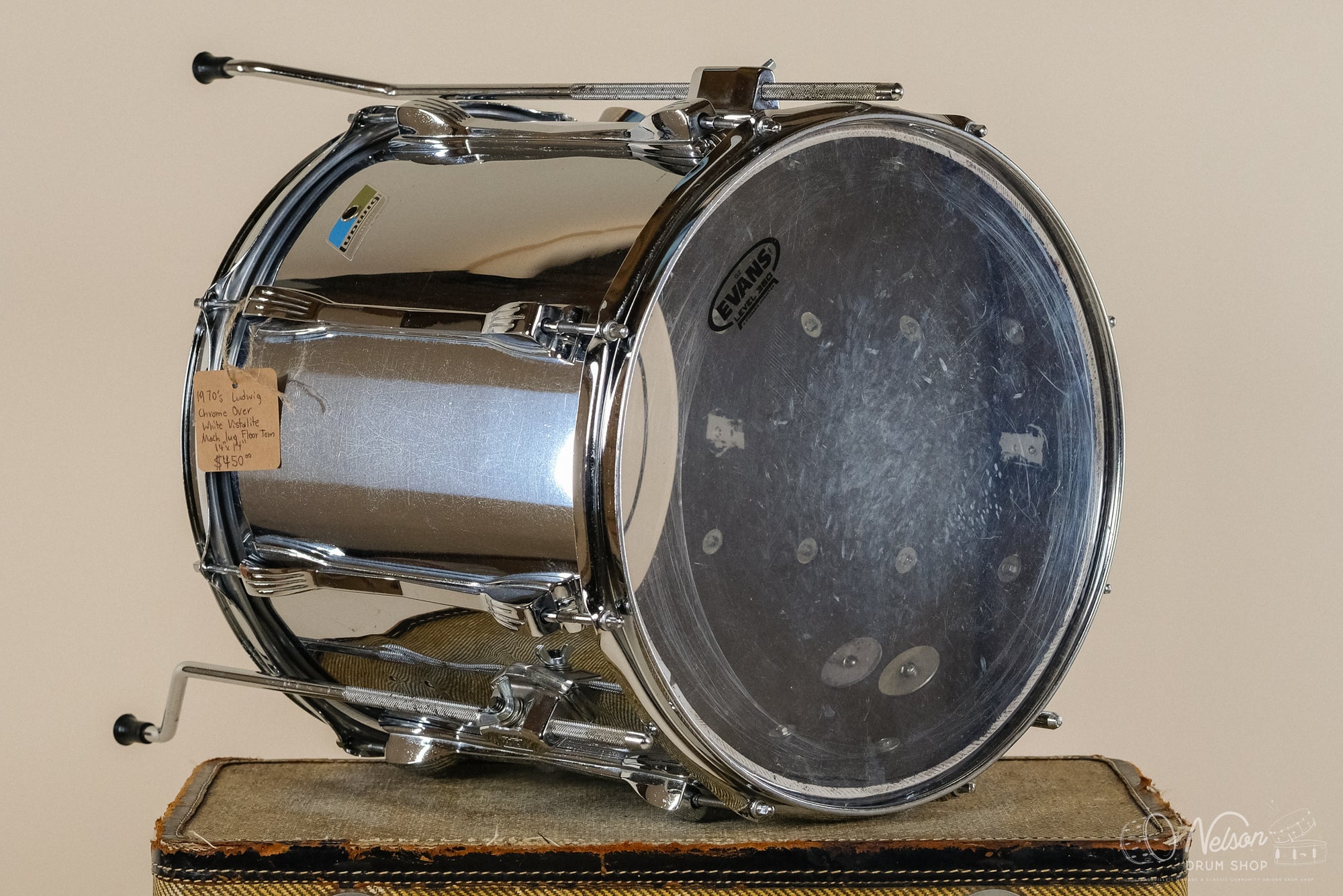 1970s Ludwig Chrome Over White Vistalite Mach Lug Floor Tom - 14x14