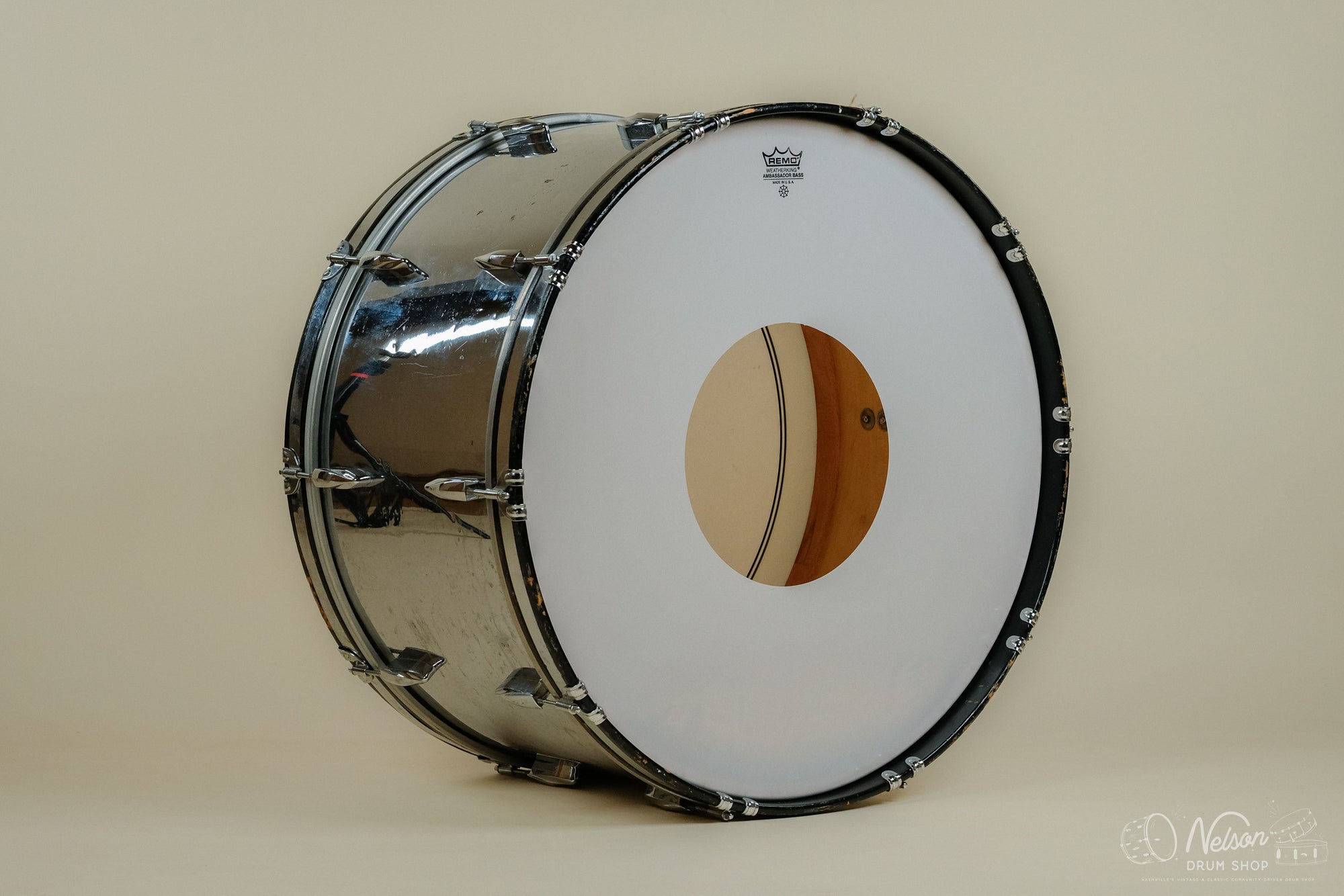 1980s Premier 'Soundwave' Marching Bass Drum in Chrome - 14x26