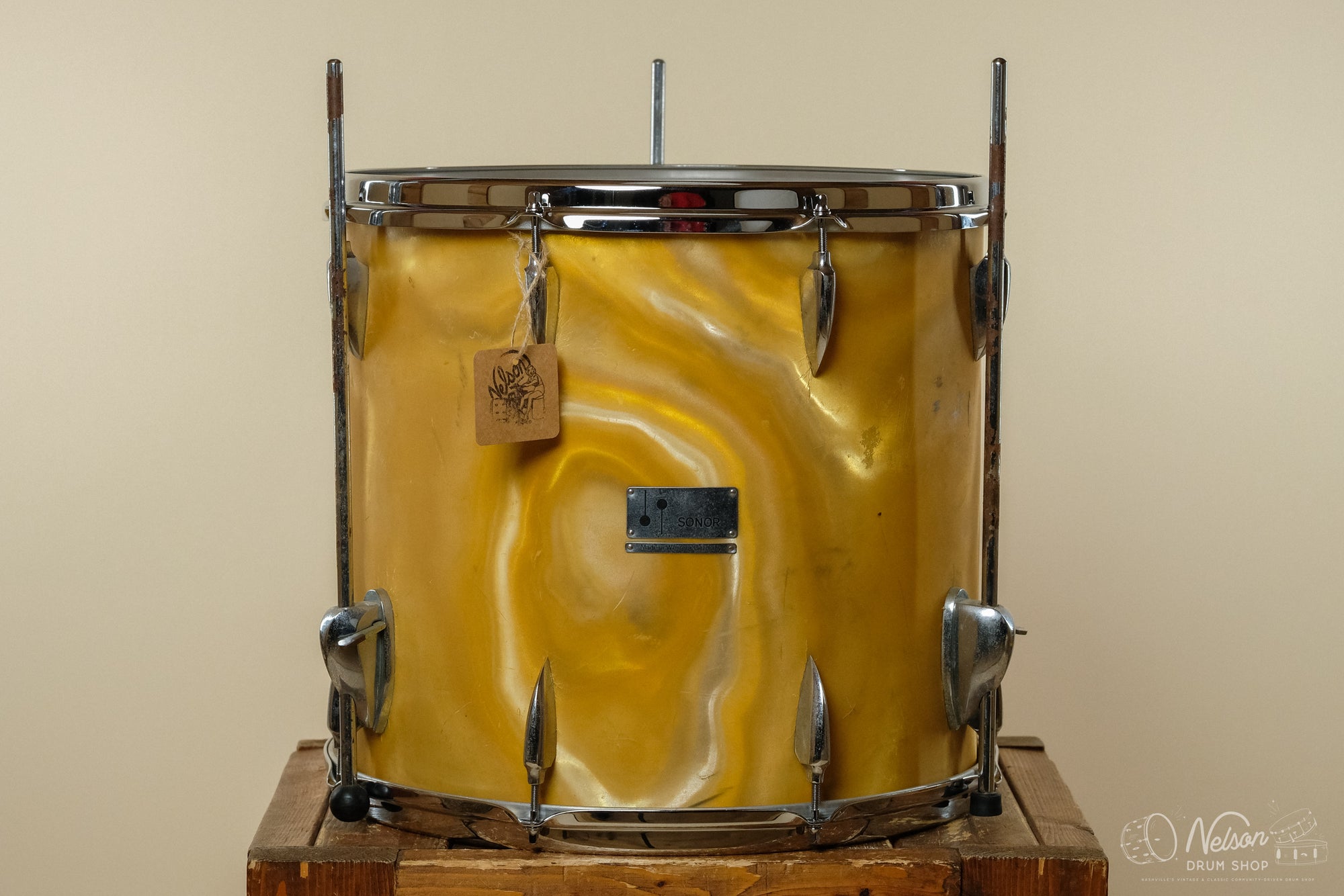 1960s Sonor 'Teardrop' 3 ply Floor Tom in Gold Satin Flame - 14.5x16