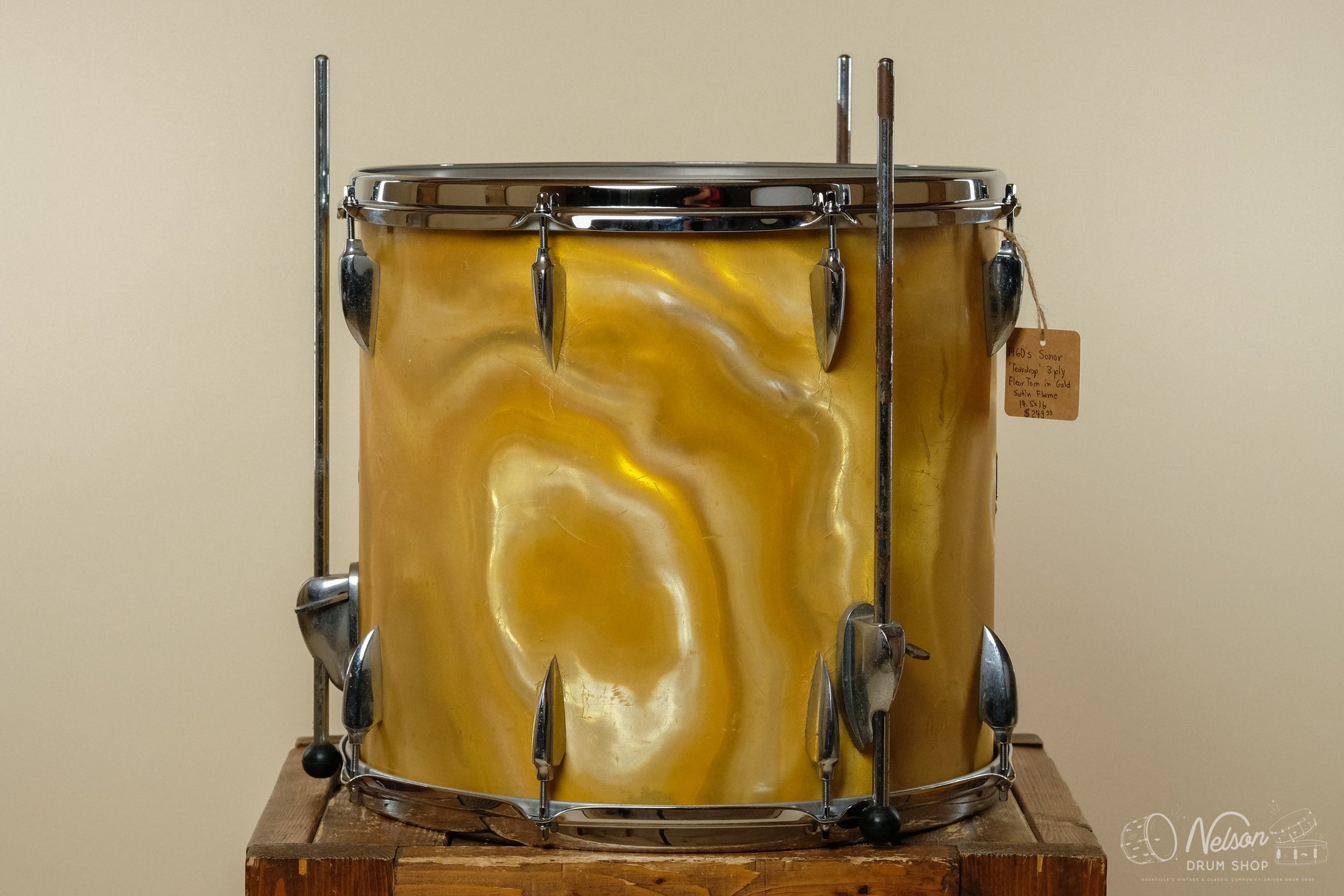 1960s Sonor 'Teardrop' 3 ply Floor Tom in Gold Satin Flame - 14.5x16