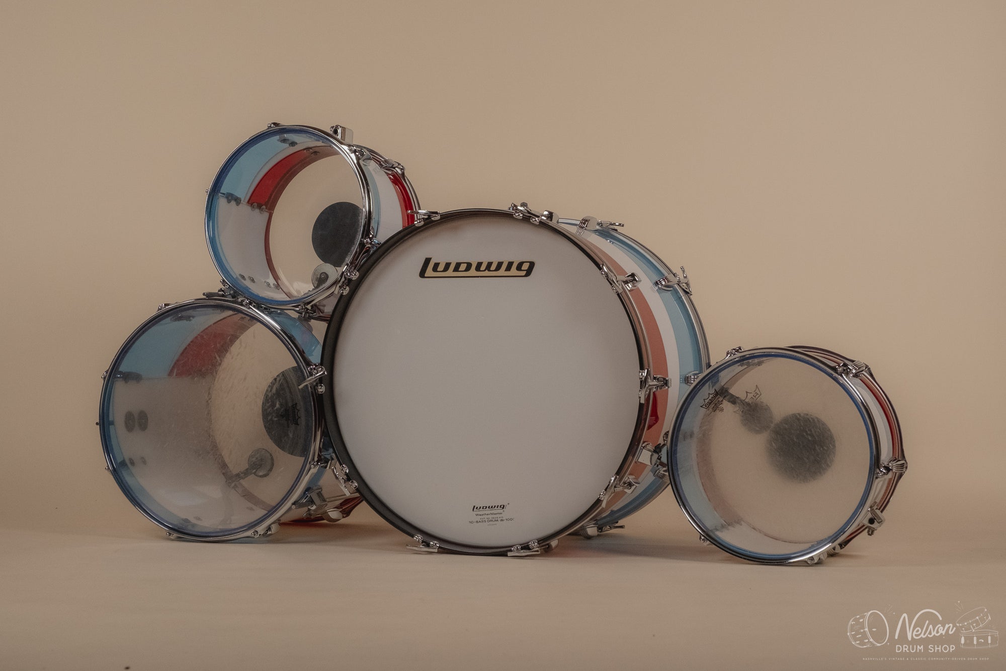 1976 Ludwig Vistalite Pattern D Bicentennial Red/White/Blue - 14x22, 16x16, 9x13, 8x12