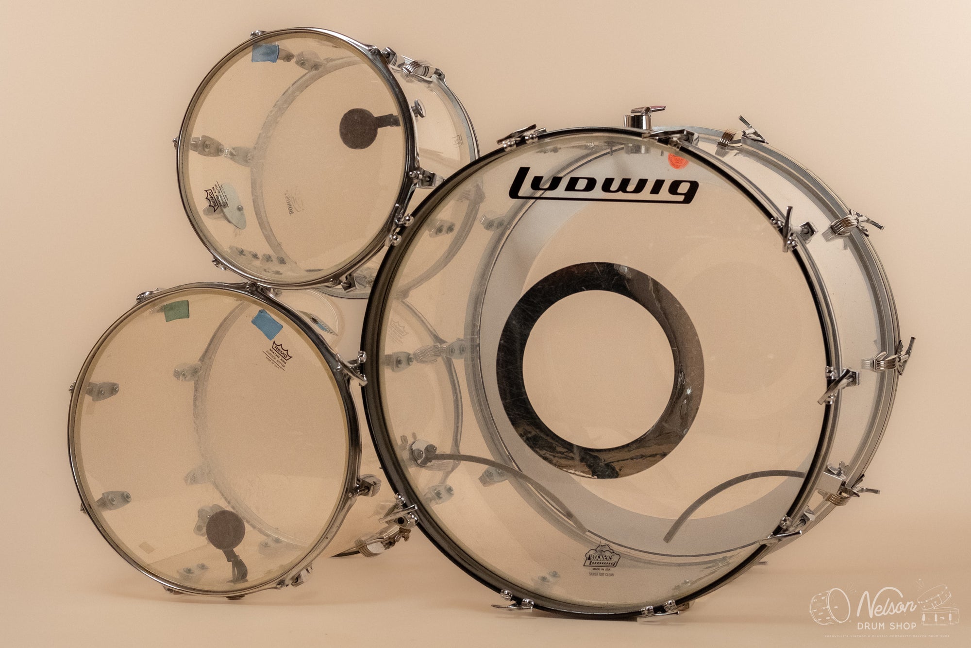 1970s Ludwig 'Pro Beat' in Clear Vistalite - 14x24, 9x13, 16x16