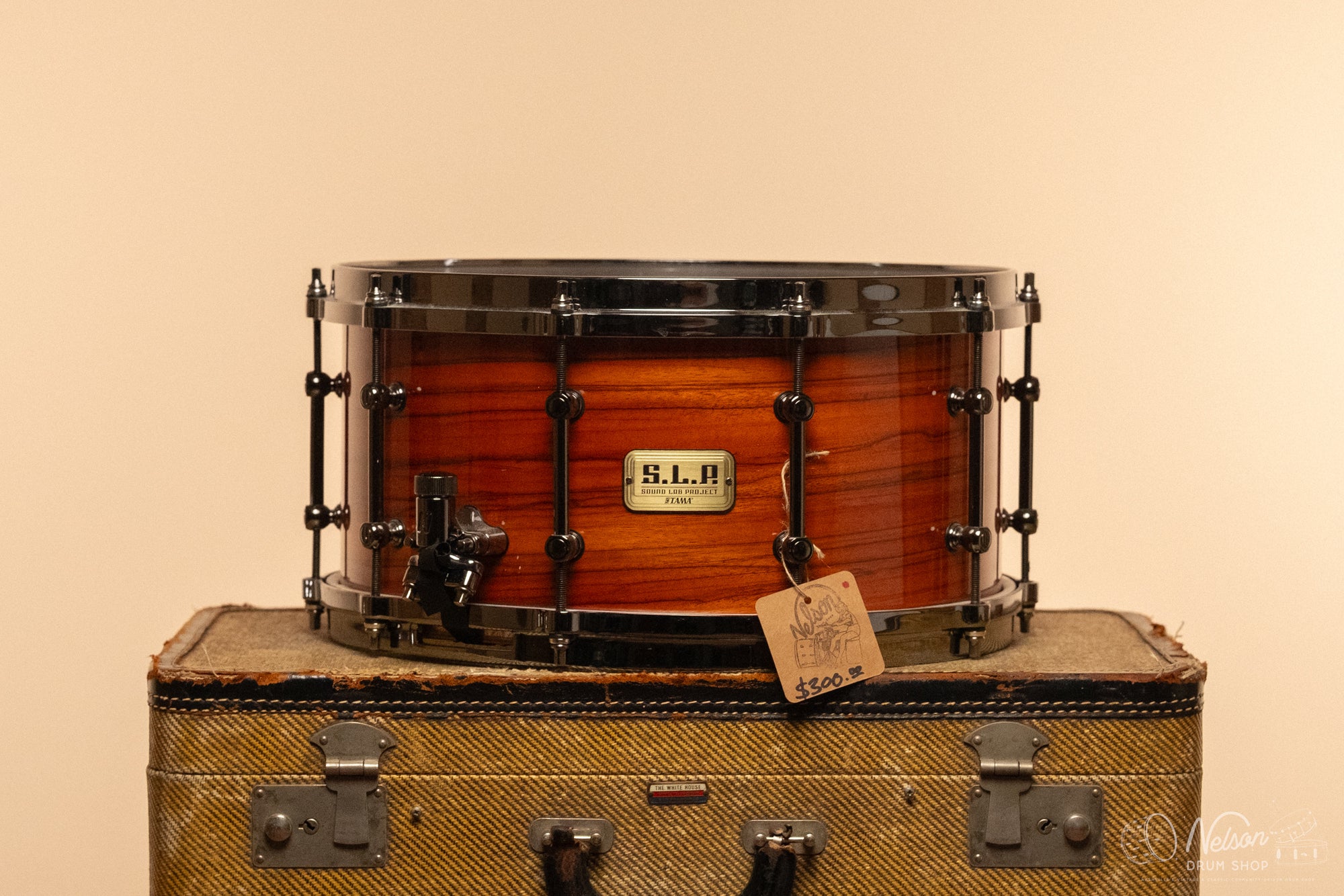 Used Tama "S.L.P." Maple Snare Drum in Gloss Tangerine Zebrawood - 7x14