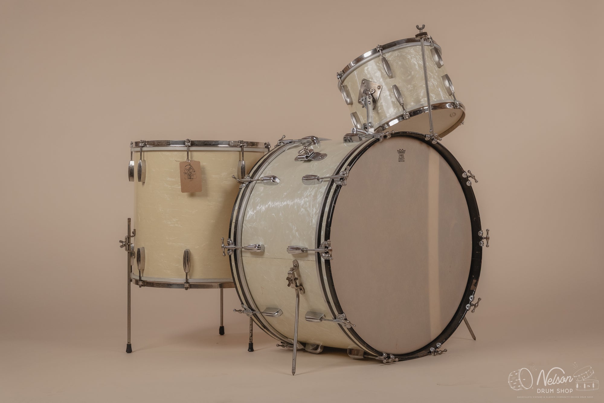 1930s/50s Slingerland 'Radio King' in White Marine Pearl - 14x24, 16x16, 9x13