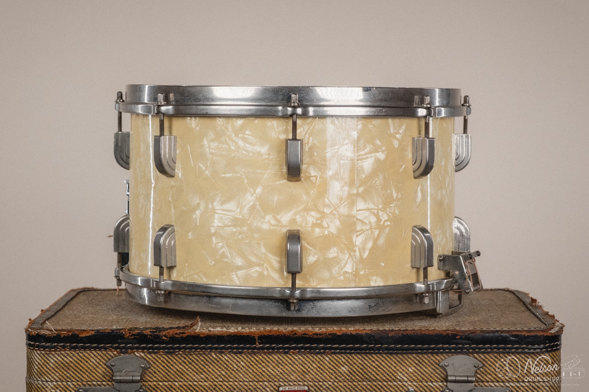 Feb 1946 Leedy 'Broadway' in White Marine Pearl - 8x14