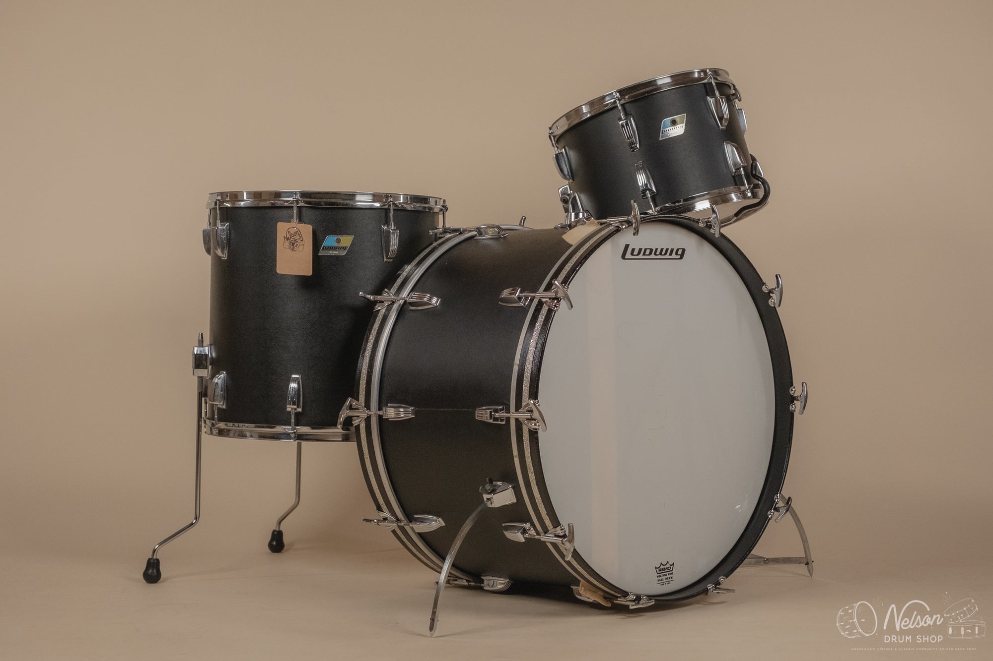 1970s Ludwig 'Pro Beat' 3 ply in Black Panther - 14x24, 9x13, 16x16
