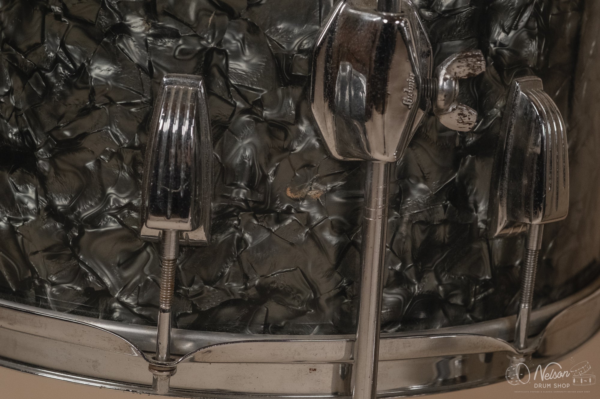 1960s Ludwig 'Downbeat' in Black Diamond Pearl - 14x20, 14x14, 8x12