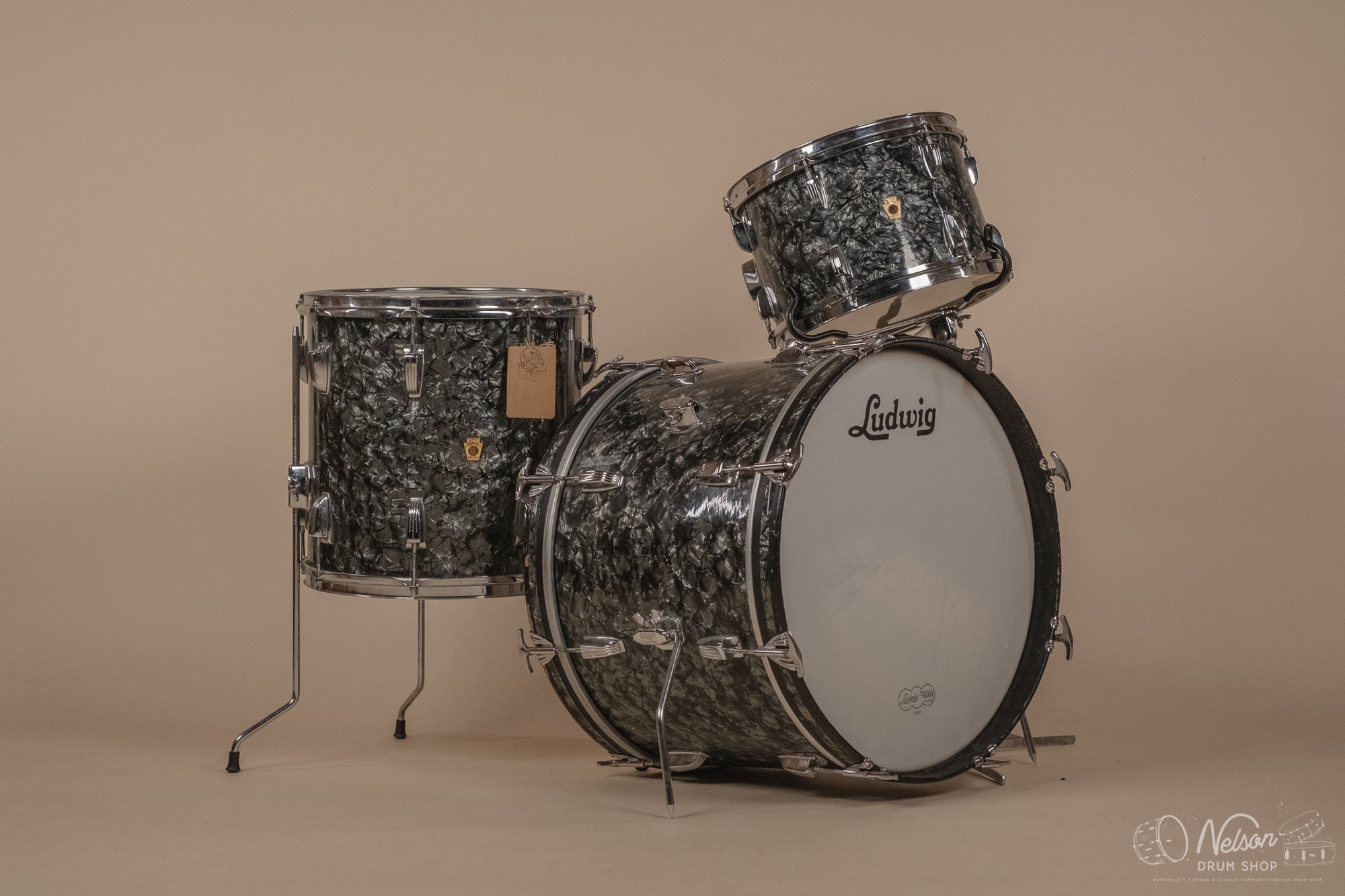 1960s Ludwig 'Downbeat' in Black Diamond Pearl - 14x20, 14x14, 8x12