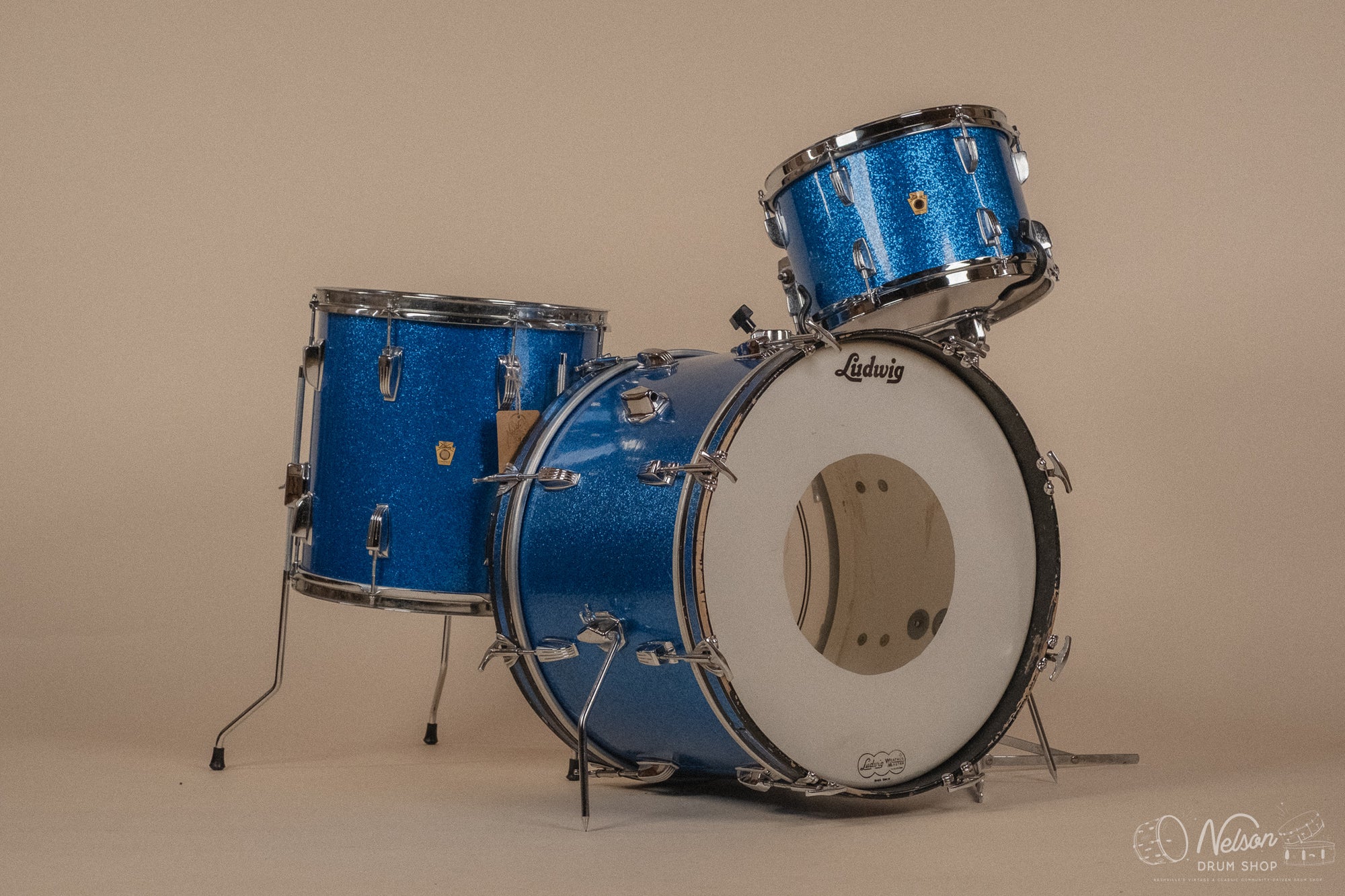 1960s Ludwig 'Downbeat' in Blue Sparkle - 14x20, 14x14, 8x12