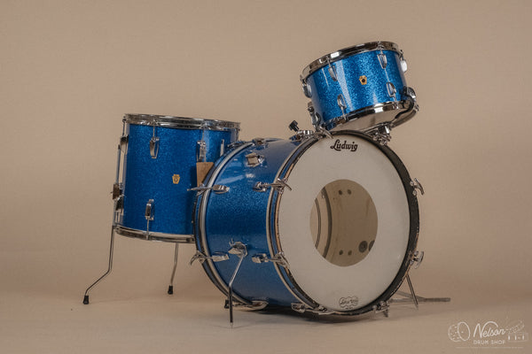 1960s Ludwig 'Downbeat' in Blue Sparkle - 14x20, 14x14, 8x12