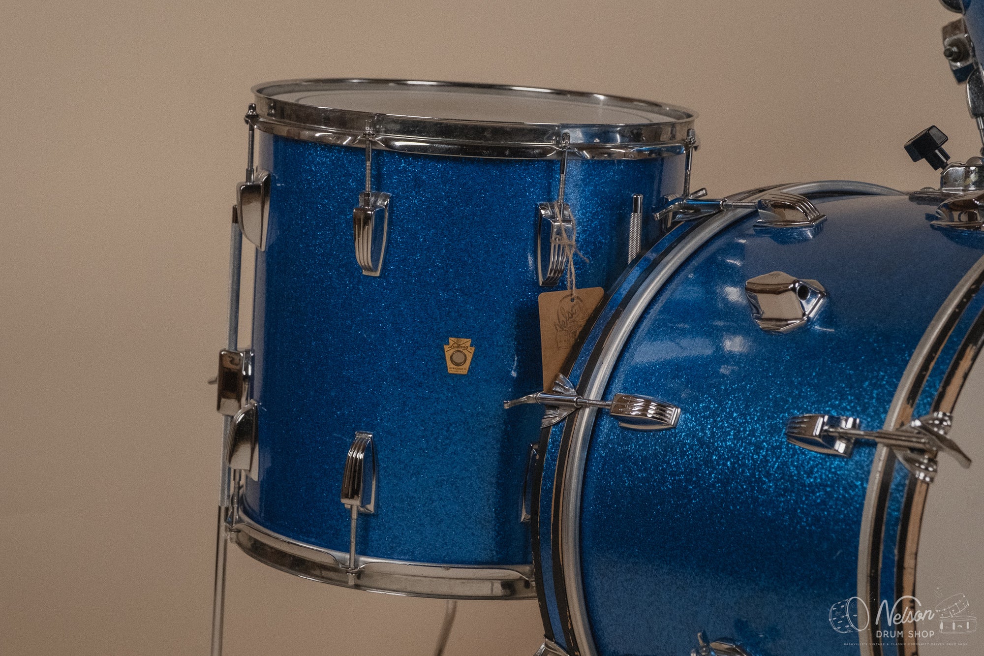 1960s Ludwig 'Downbeat' in Blue Sparkle - 14x20, 14x14, 8x12
