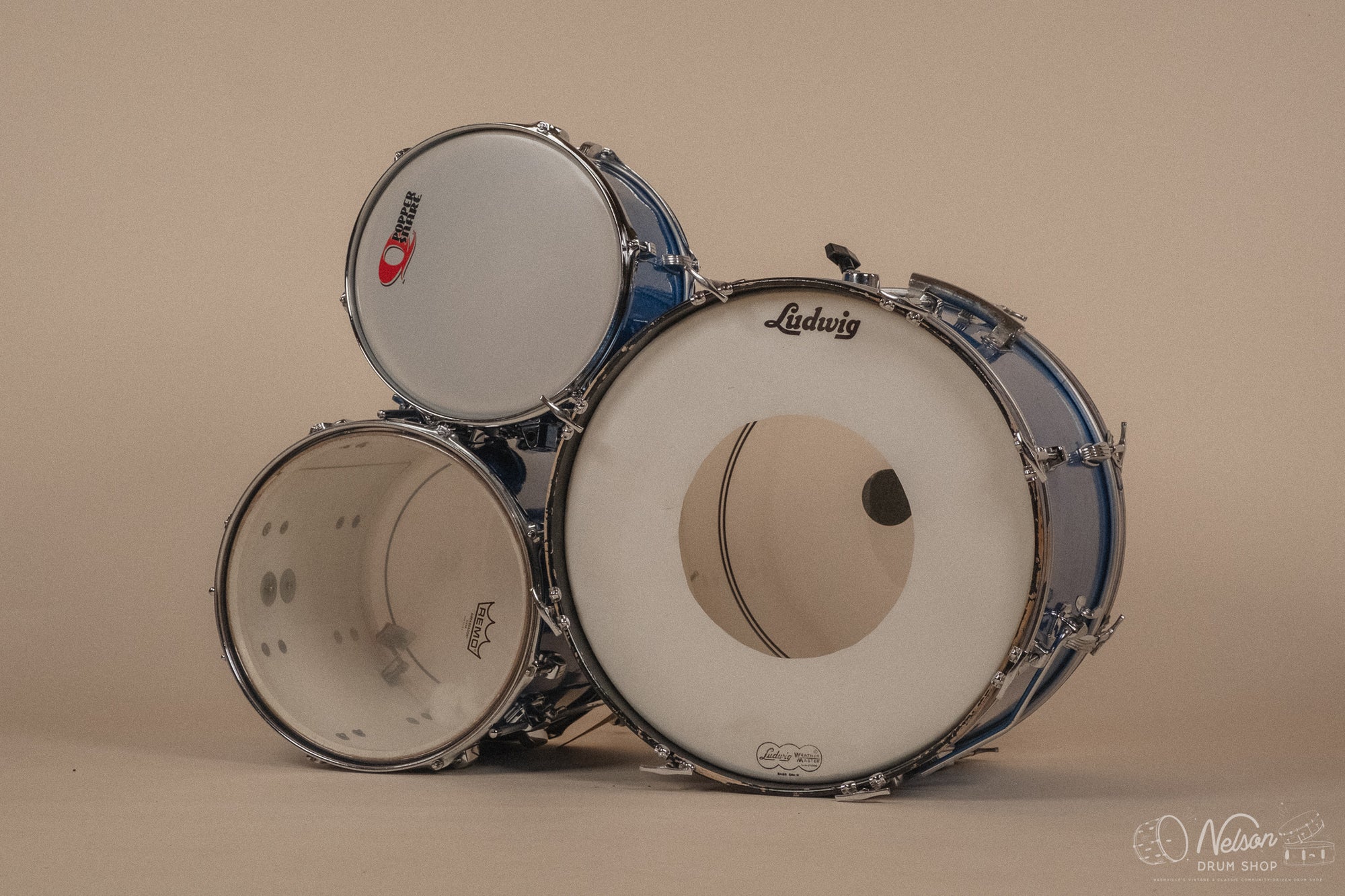 1960s Ludwig 'Downbeat' in Blue Sparkle - 14x20, 14x14, 8x12