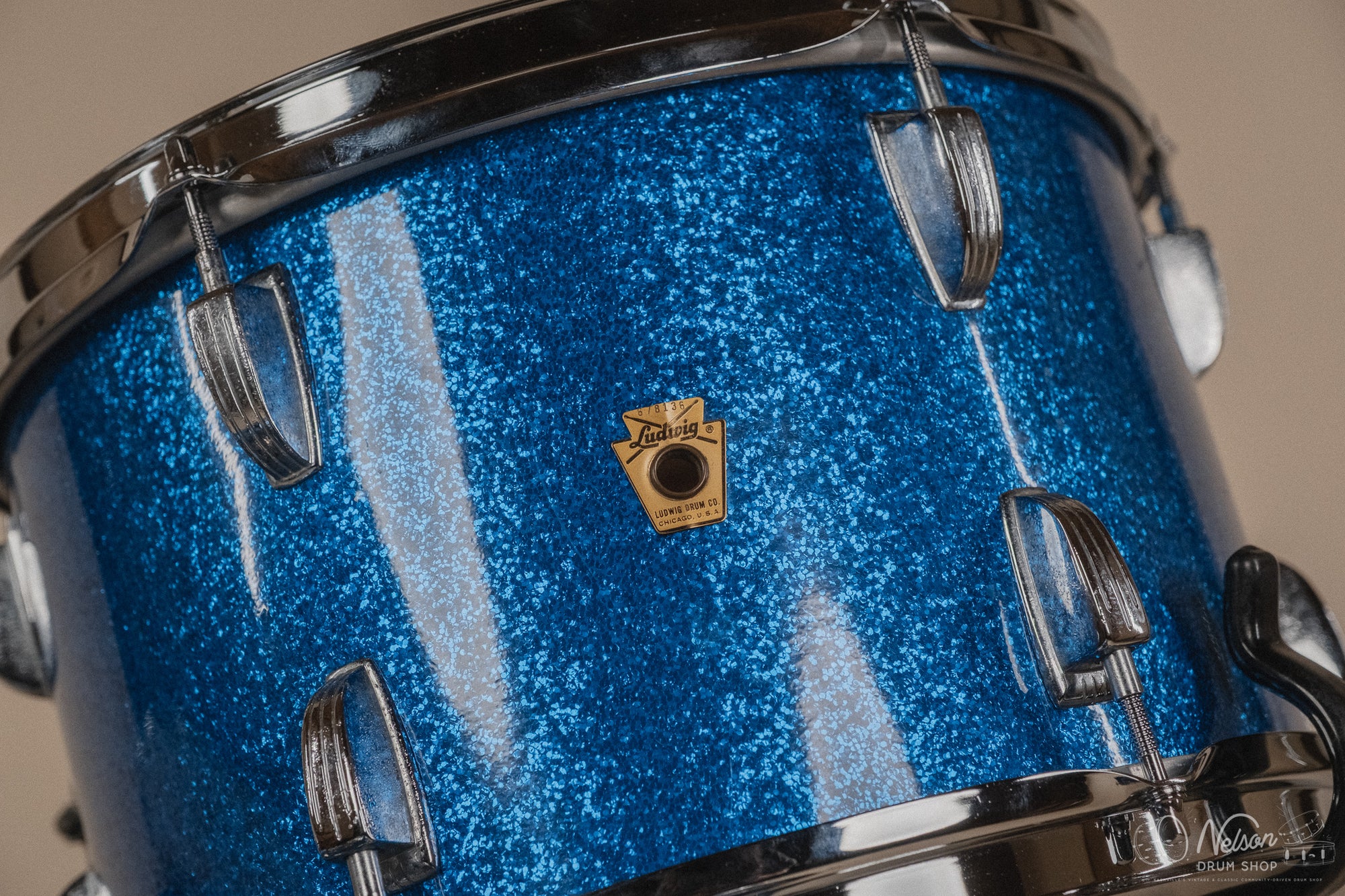 1960s Ludwig 'Downbeat' in Blue Sparkle - 14x20, 14x14, 8x12
