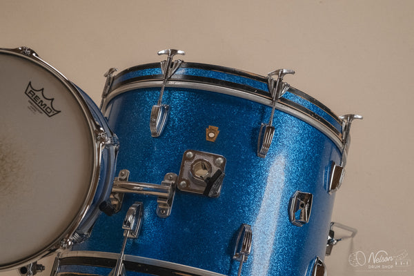1960s Ludwig 'Downbeat' in Blue Sparkle - 14x20, 14x14, 8x12