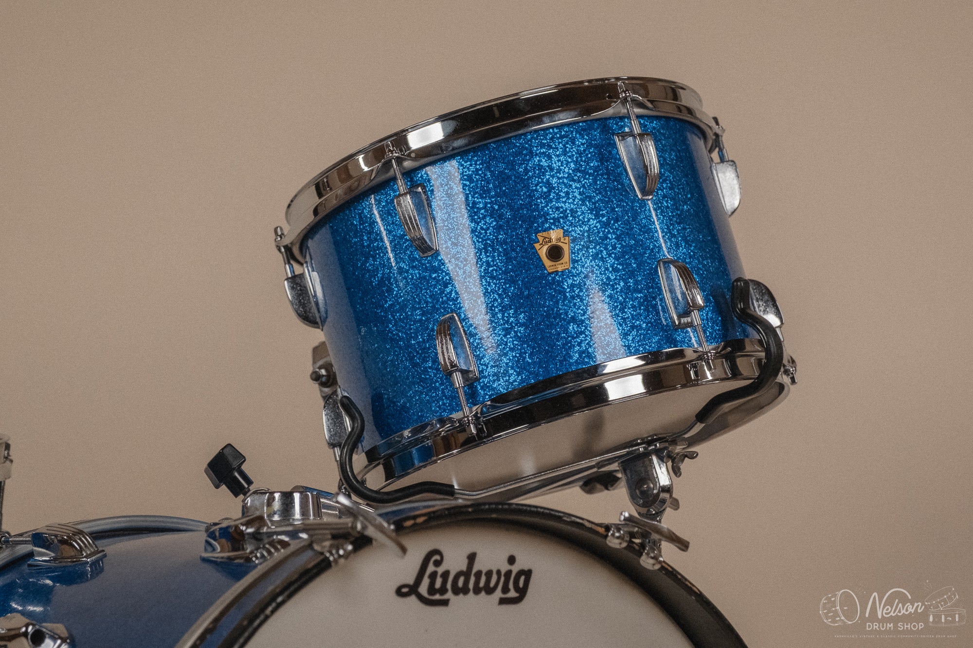 1960s Ludwig 'Downbeat' in Blue Sparkle - 14x20, 14x14, 8x12