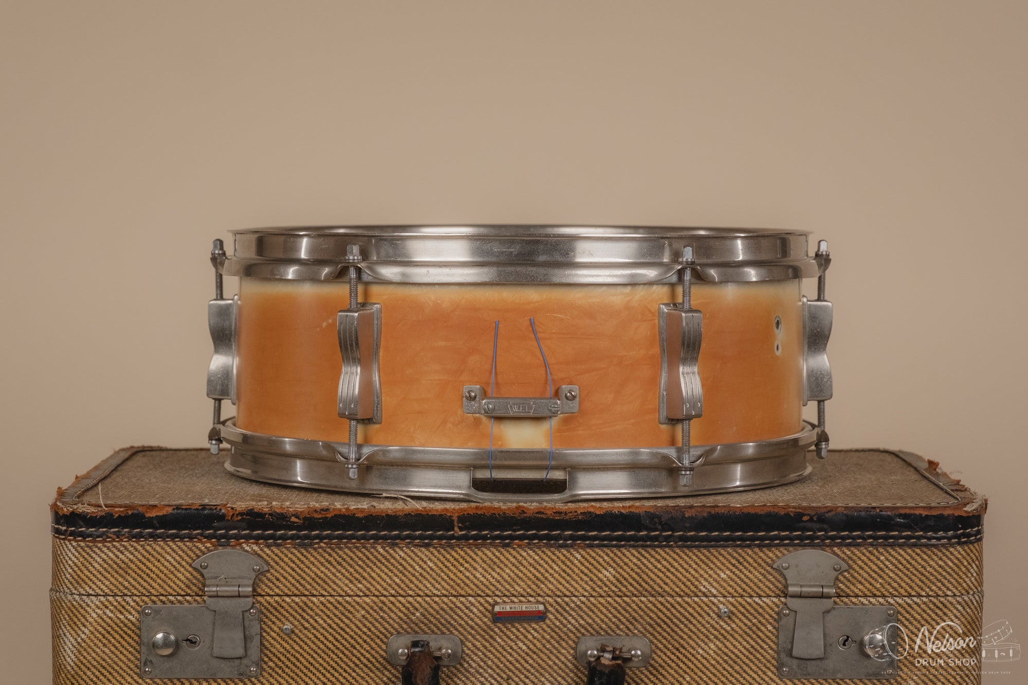 1959-60 Ludwig Transition Badge LM491 'Pioneer' in Faded White Marine Pearl - 5.5x14