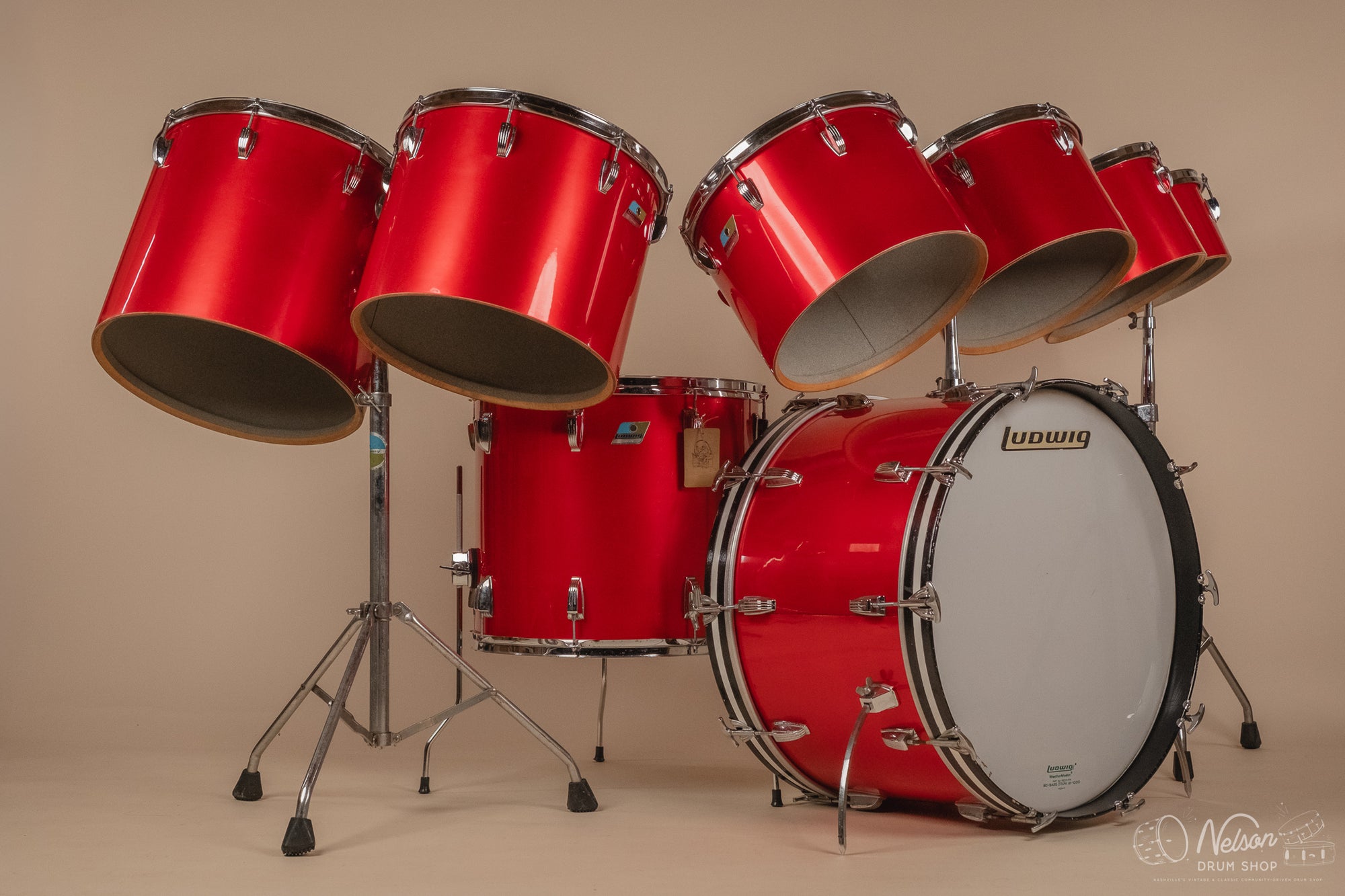 1970s Ludwig 3ply 'Power Factory' in Red Silk - 6.5x10, 8x12, 9x13, 10x14, 12x15, 14x16, 16x18, 14x24