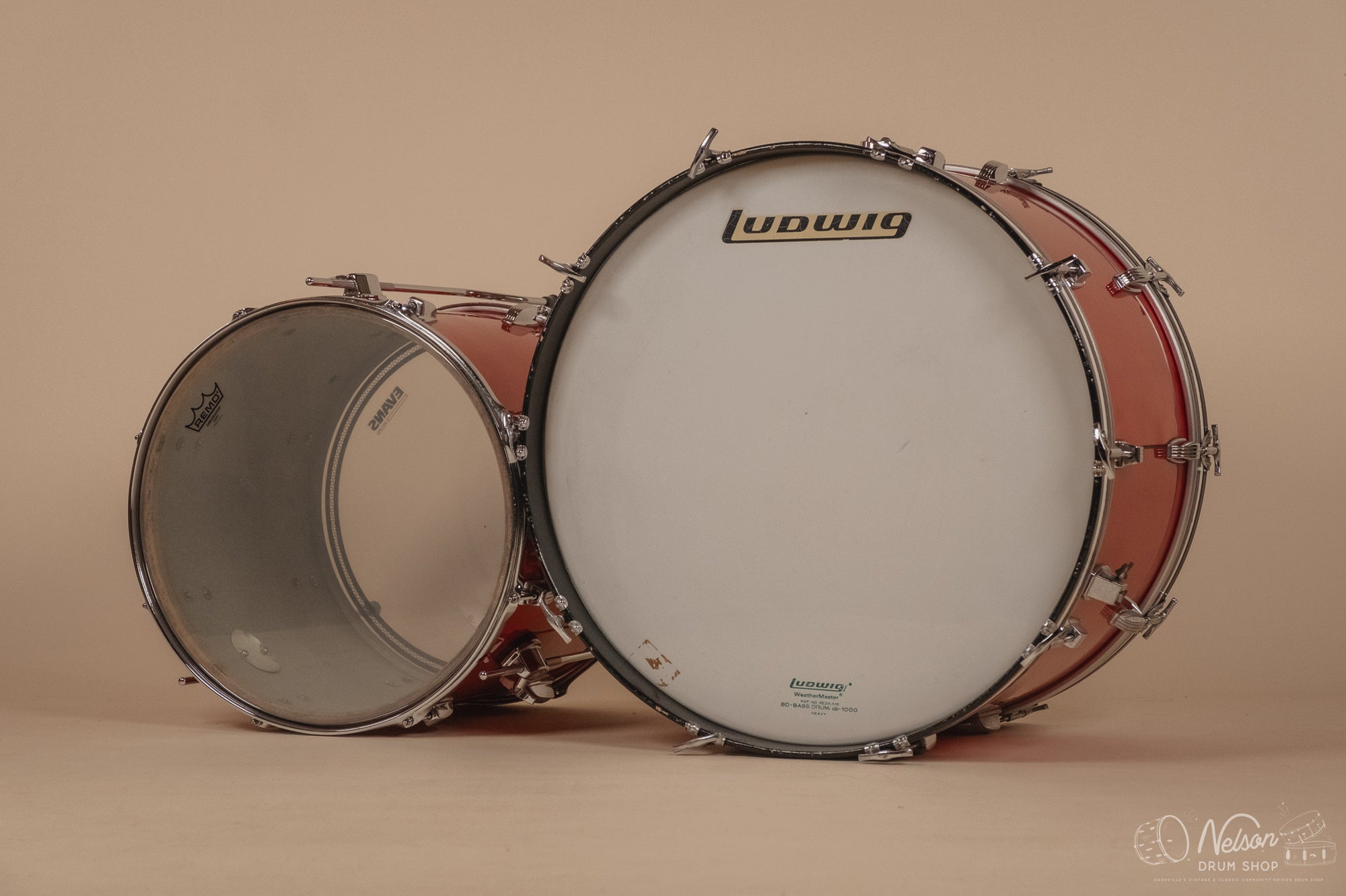 1970s Ludwig 3ply 'Power Factory' in Red Silk - 6.5x10, 8x12, 9x13, 10x14, 12x15, 14x16, 16x18, 14x24