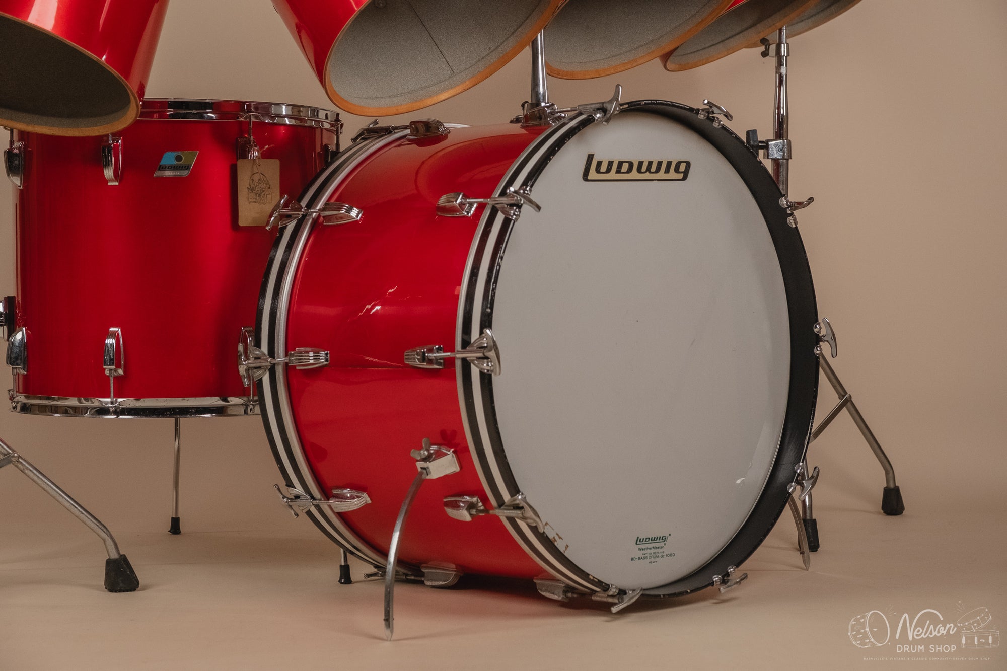 1970s Ludwig 3ply 'Power Factory' in Red Silk - 6.5x10, 8x12, 9x13, 10x14, 12x15, 14x16, 16x18, 14x24