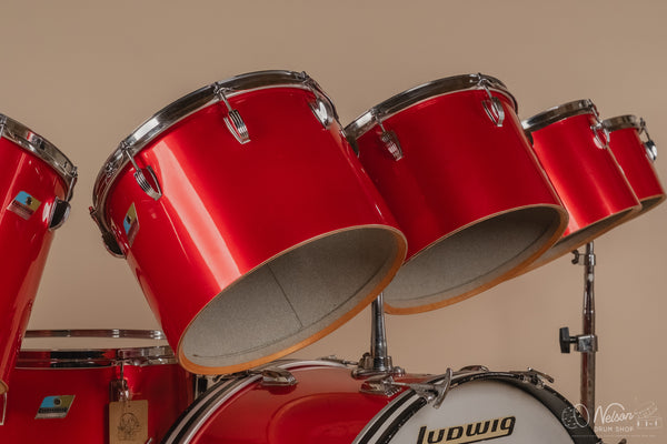 1970s Ludwig 3ply 'Power Factory' in Red Silk - 6.5x10, 8x12, 9x13, 10x14, 12x15, 14x16, 16x18, 14x24