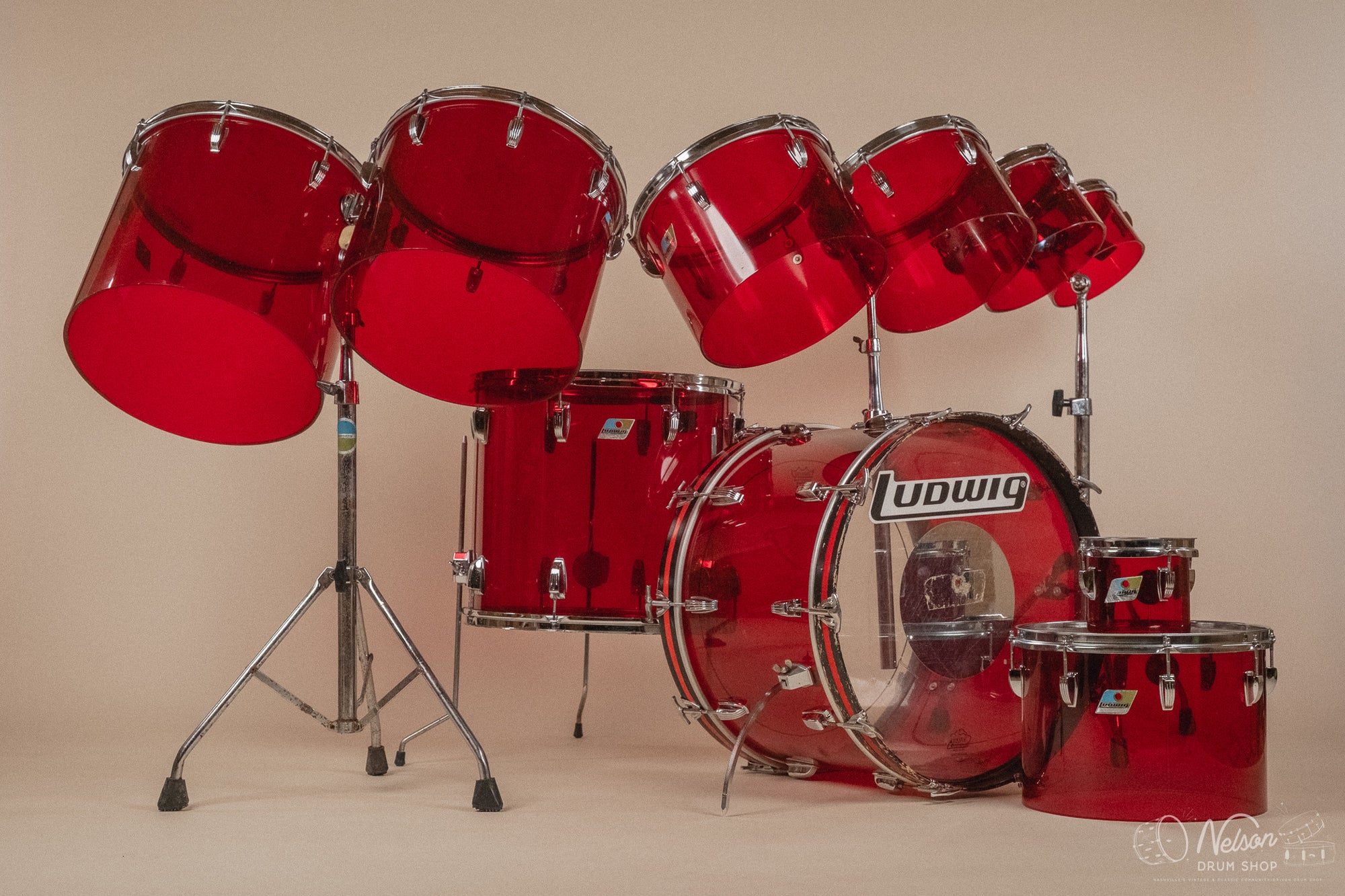 1970's Ludwig 'Octa-Plus' Vistalite in Red - 14x22, 16x18, 14x16, 12x15, 10x14, 9x13, 6x10, 5x8, 5x6