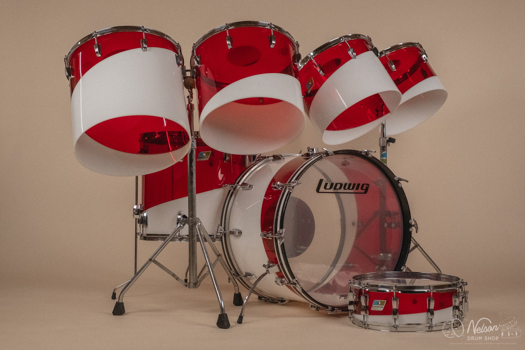 1970s Ludwig Vistalite 'Quadraplus' Pattern E in Red/White - 14x22, 9x13ct, 10x14ct, 12x15ct, 14x16ct, 16x18, 5x14sn