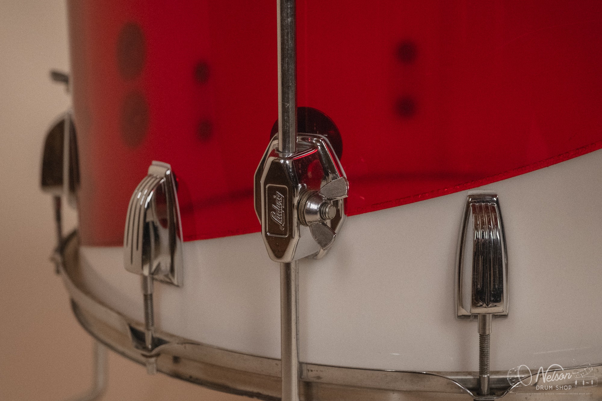 1970s Ludwig Vistalite 'Quadraplus' Pattern E in Red/White - 14x22, 9x13ct, 10x14ct, 12x15ct, 14x16ct, 16x18, 5x14sn