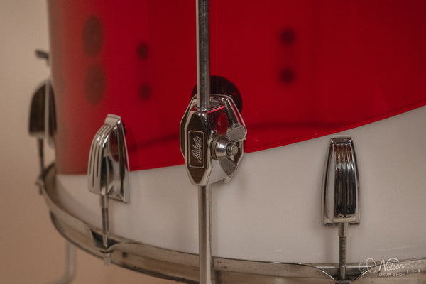 1970s Ludwig Vistalite 'Quadraplus' Pattern E in Red/White - 14x22, 9x13ct, 10x14ct, 12x15ct, 14x16ct, 16x18, 5x14sn