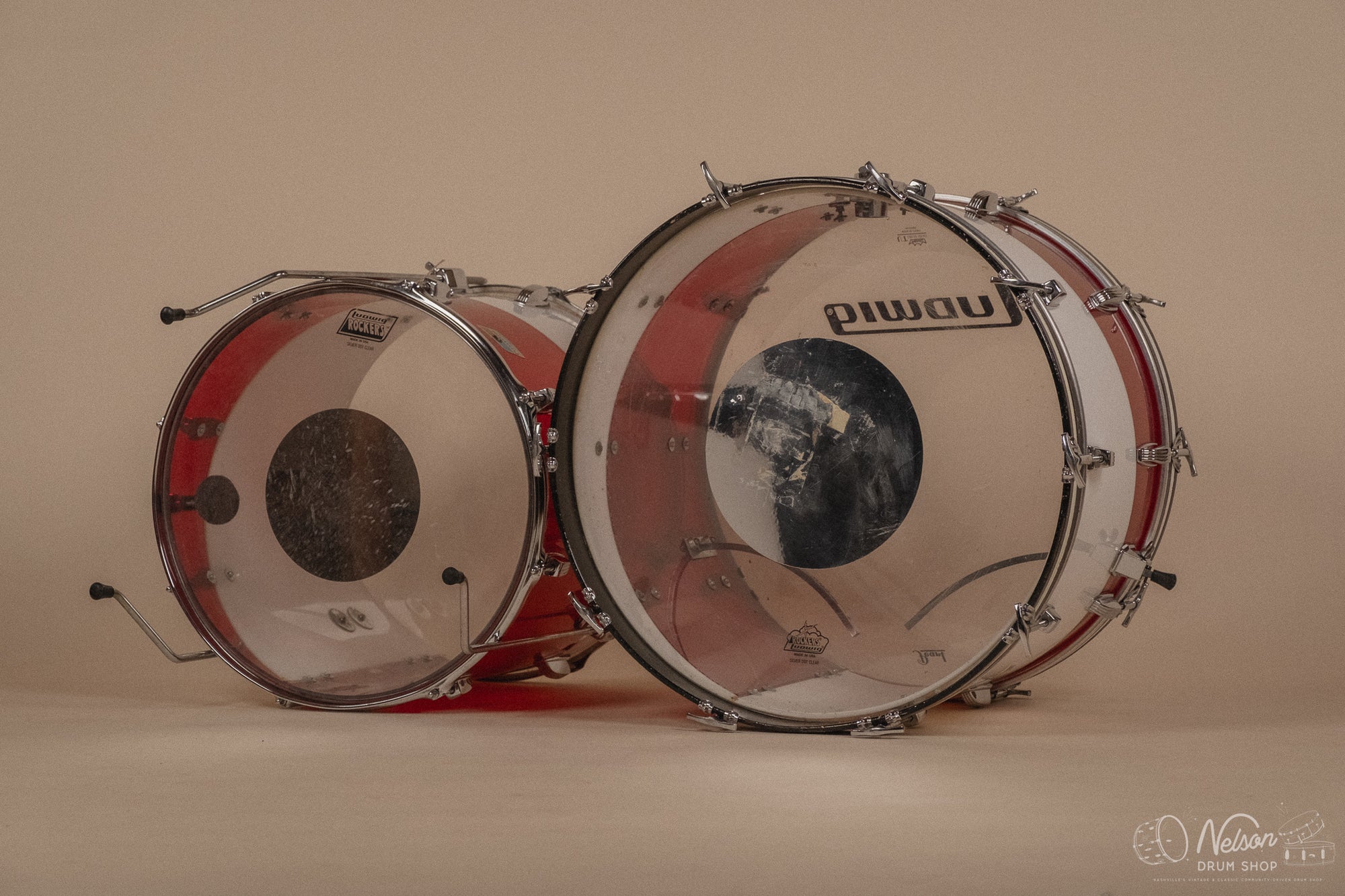 1970s Ludwig Vistalite 'Quadraplus' Pattern E in Red/White - 14x22, 9x13ct, 10x14ct, 12x15ct, 14x16ct, 16x18, 5x14sn