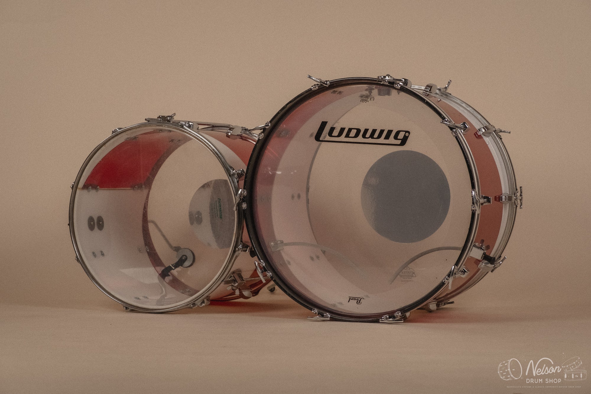1970s Ludwig Vistalite 'Quadraplus' Pattern E in Red/White - 14x22, 9x13ct, 10x14ct, 12x15ct, 14x16ct, 16x18, 5x14sn