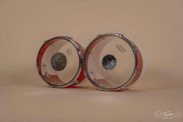 1970s Ludwig Vistalite 'Quadraplus' Pattern E in Red/White - 14x22, 9x13ct, 10x14ct, 12x15ct, 14x16ct, 16x18, 5x14sn