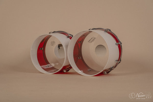 1970s Ludwig Vistalite 'Quadraplus' Pattern E in Red/White - 14x22, 9x13ct, 10x14ct, 12x15ct, 14x16ct, 16x18, 5x14sn