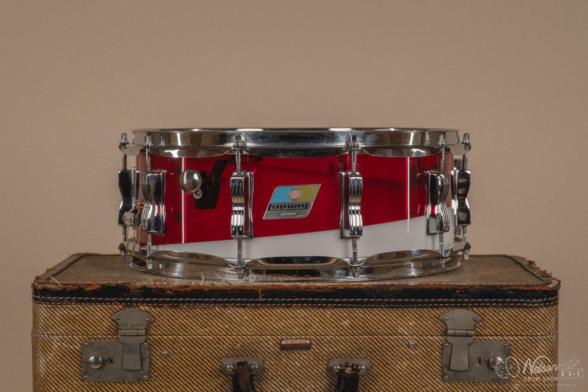 1970s Ludwig Vistalite 'Quadraplus' Pattern E in Red/White - 14x22, 9x13ct, 10x14ct, 12x15ct, 14x16ct, 16x18, 5x14sn