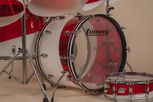 1970s Ludwig Vistalite 'Quadraplus' Pattern E in Red/White - 14x22, 9x13ct, 10x14ct, 12x15ct, 14x16ct, 16x18, 5x14sn