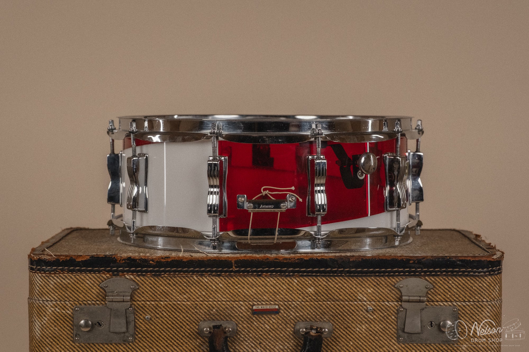 1970s Ludwig Vistalite 'Quadraplus' Pattern E in Red/White - 14x22, 9x13ct, 10x14ct, 12x15ct, 14x16ct, 16x18, 5x14sn