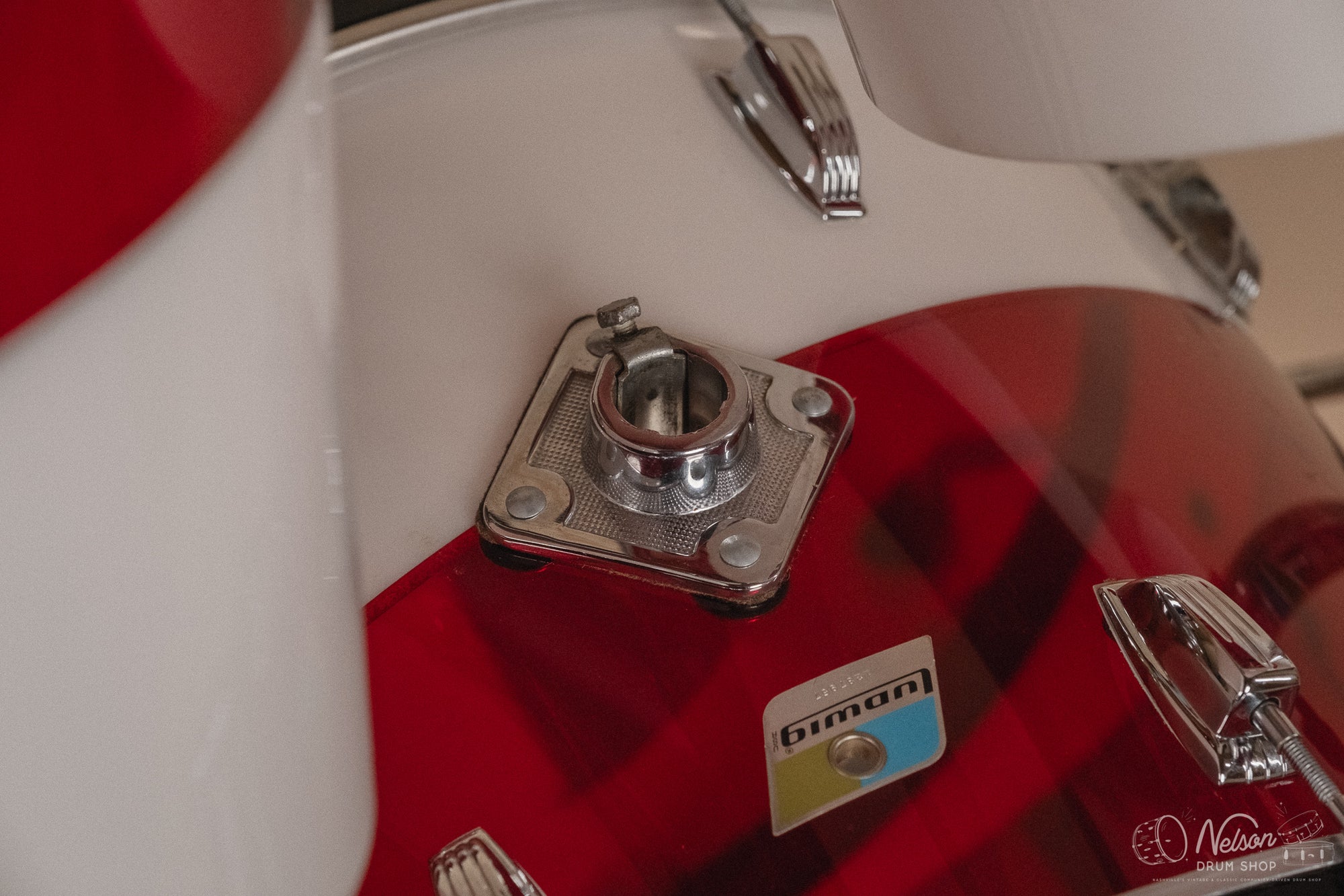 1970s Ludwig Vistalite 'Quadraplus' Pattern E in Red/White - 14x22, 9x13ct, 10x14ct, 12x15ct, 14x16ct, 16x18, 5x14sn