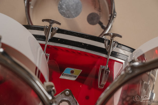 1970s Ludwig Vistalite 'Quadraplus' Pattern E in Red/White - 14x22, 9x13ct, 10x14ct, 12x15ct, 14x16ct, 16x18, 5x14sn