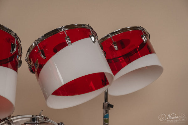1970s Ludwig Vistalite 'Quadraplus' Pattern E in Red/White - 14x22, 9x13ct, 10x14ct, 12x15ct, 14x16ct, 16x18, 5x14sn