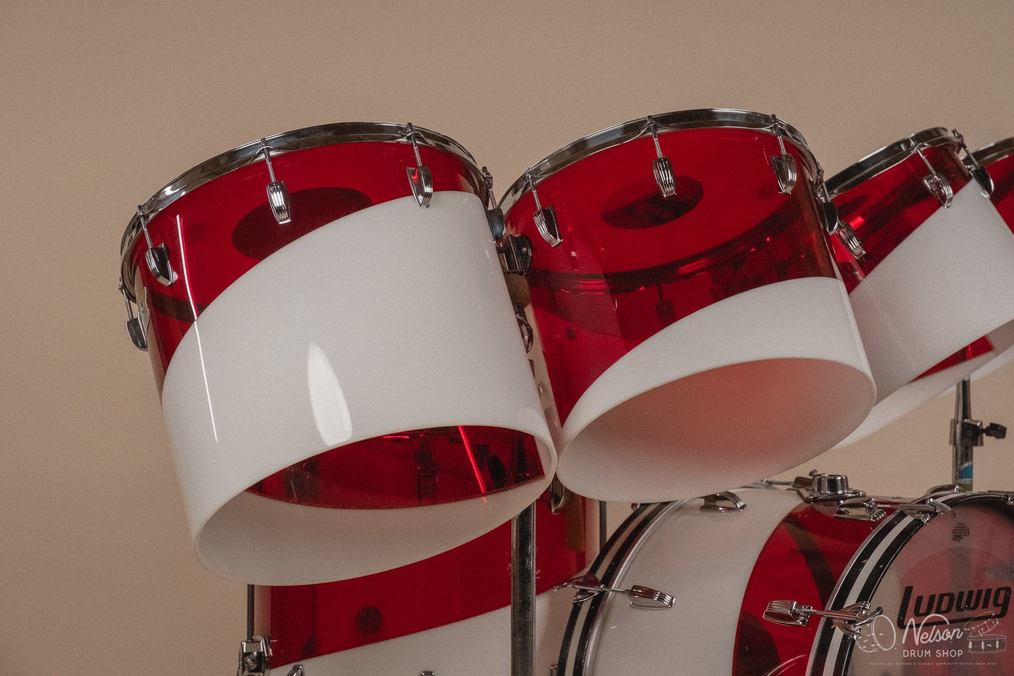 1970s Ludwig Vistalite 'Quadraplus' Pattern E in Red/White - 14x22, 9x13ct, 10x14ct, 12x15ct, 14x16ct, 16x18, 5x14sn