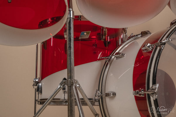 1970s Ludwig Vistalite 'Quadraplus' Pattern E in Red/White - 14x22, 9x13ct, 10x14ct, 12x15ct, 14x16ct, 16x18, 5x14sn