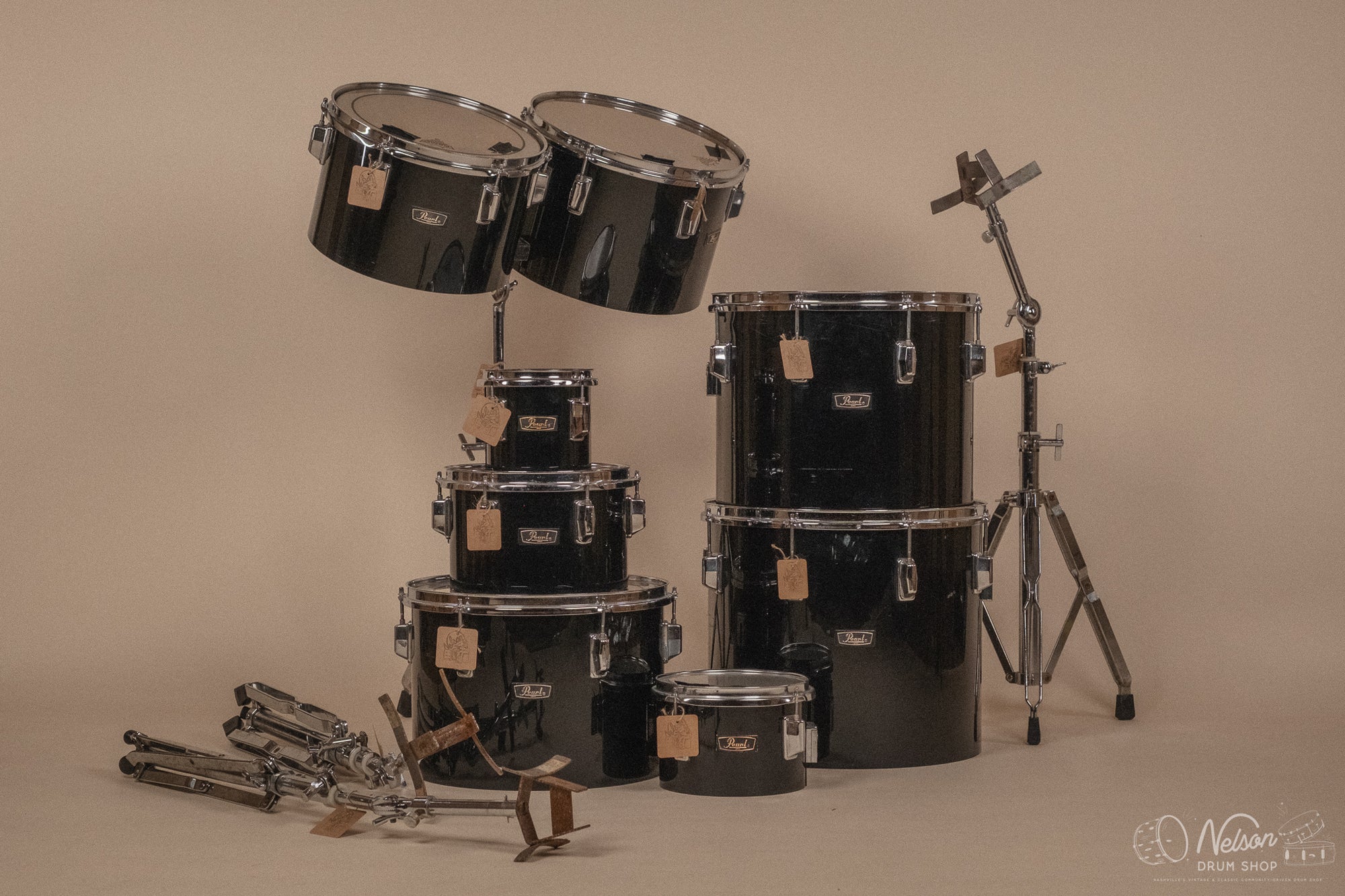 1970's Pearl Fiberglass Concert Tom Set in Black Gloss w/ Stands - 6, 8, 10, 12, 13, 14, 15, 16
