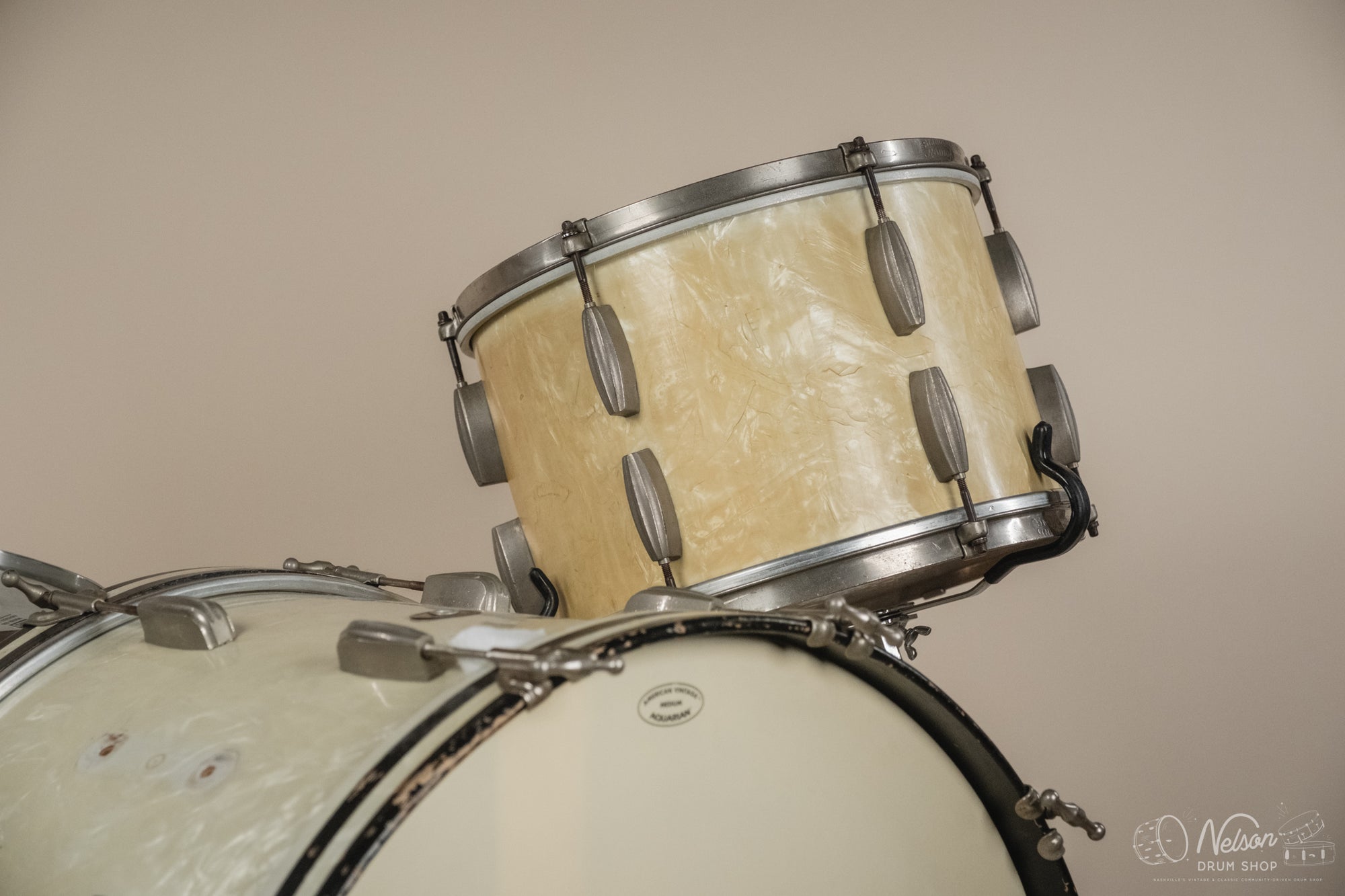 1940s/50s Slingerland 'Gene Krupa Deluxe Radio King' in White Marine Pearl - 14x24, 16x16, 9x13