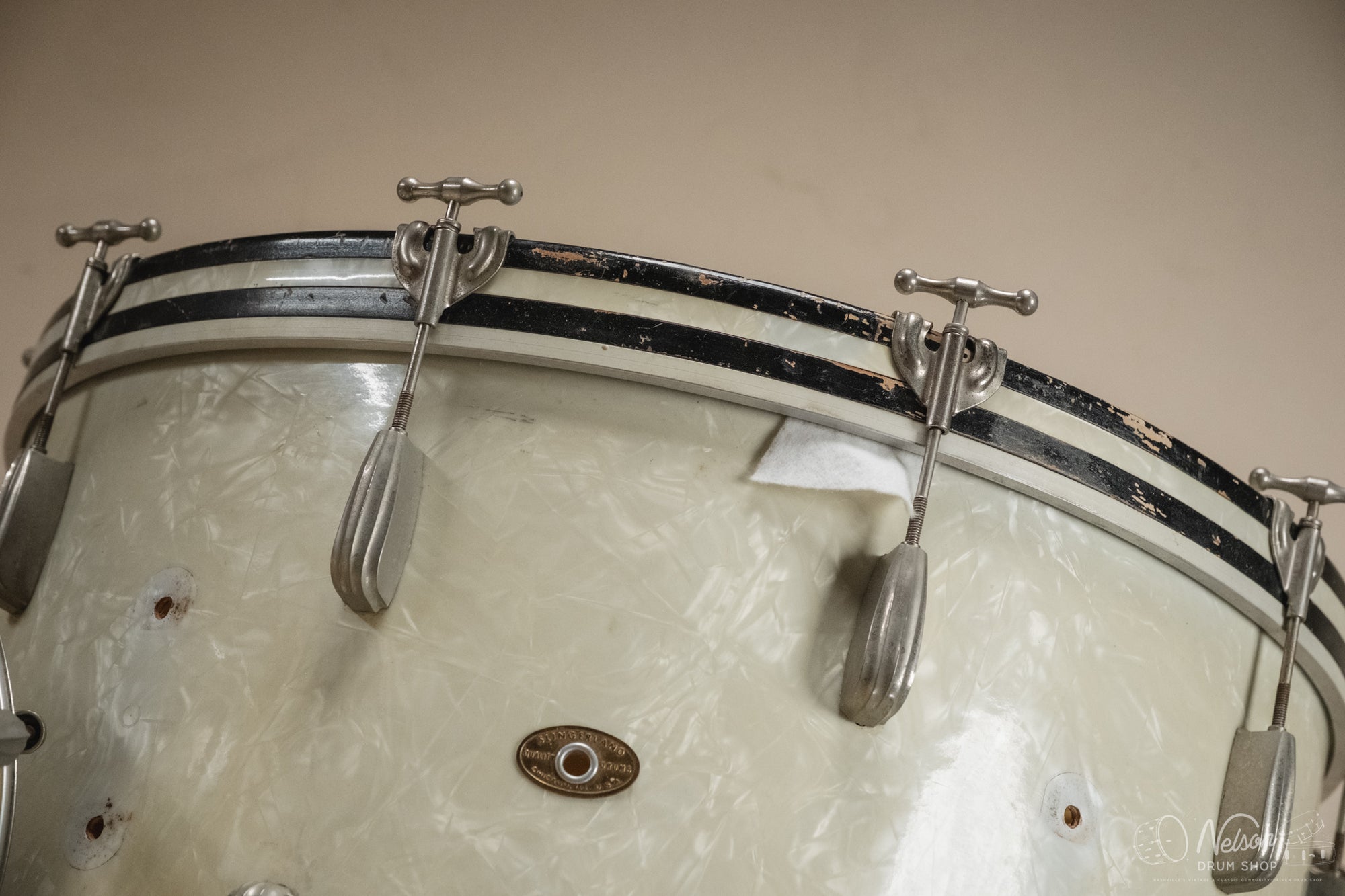 1940s/50s Slingerland 'Gene Krupa Deluxe Radio King' in White Marine Pearl - 14x24, 16x16, 9x13