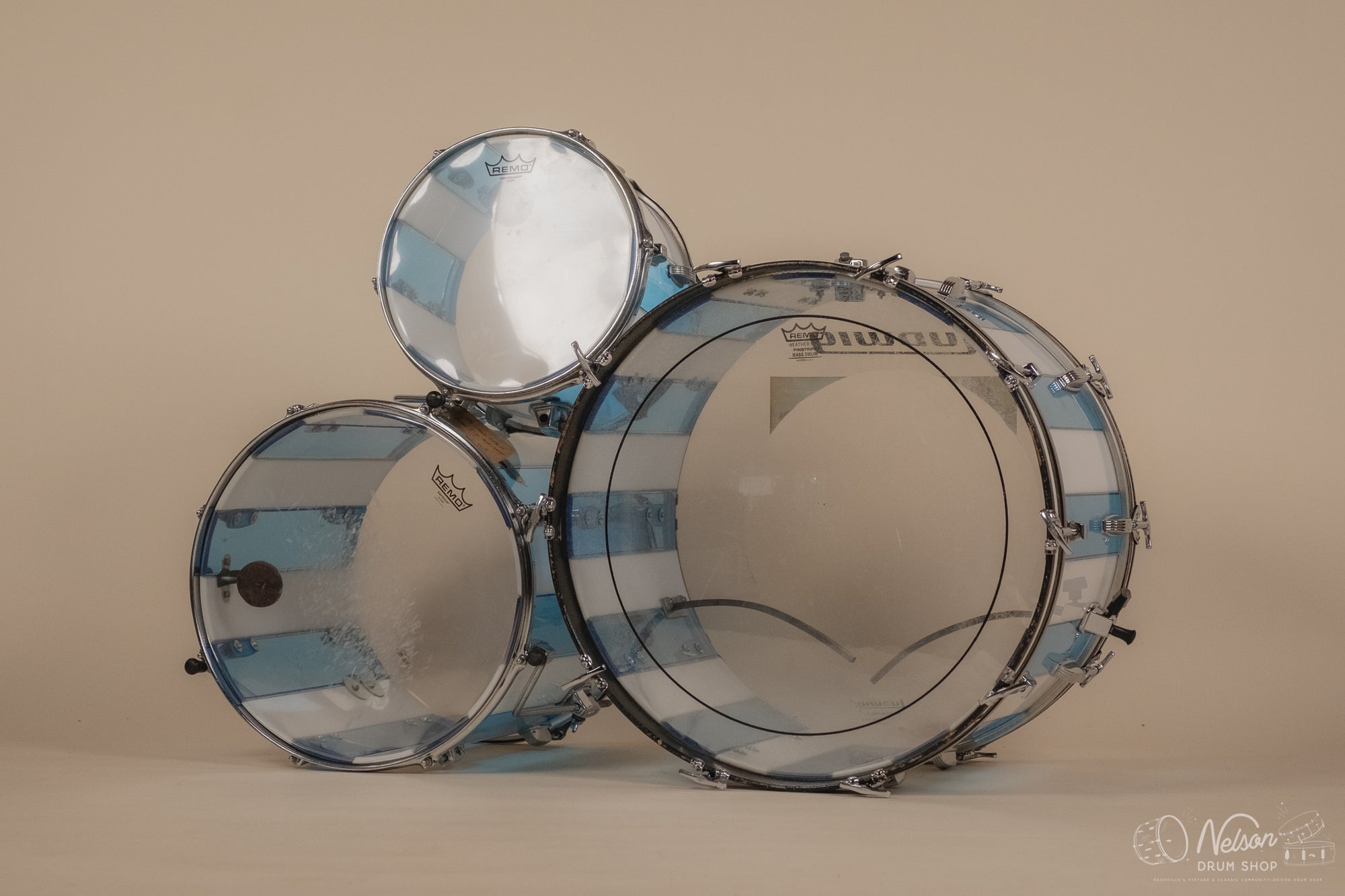 1970s Ludwig Vistalite 'Pattern F' in Blue & White - 14x22, 8x12, 16x16