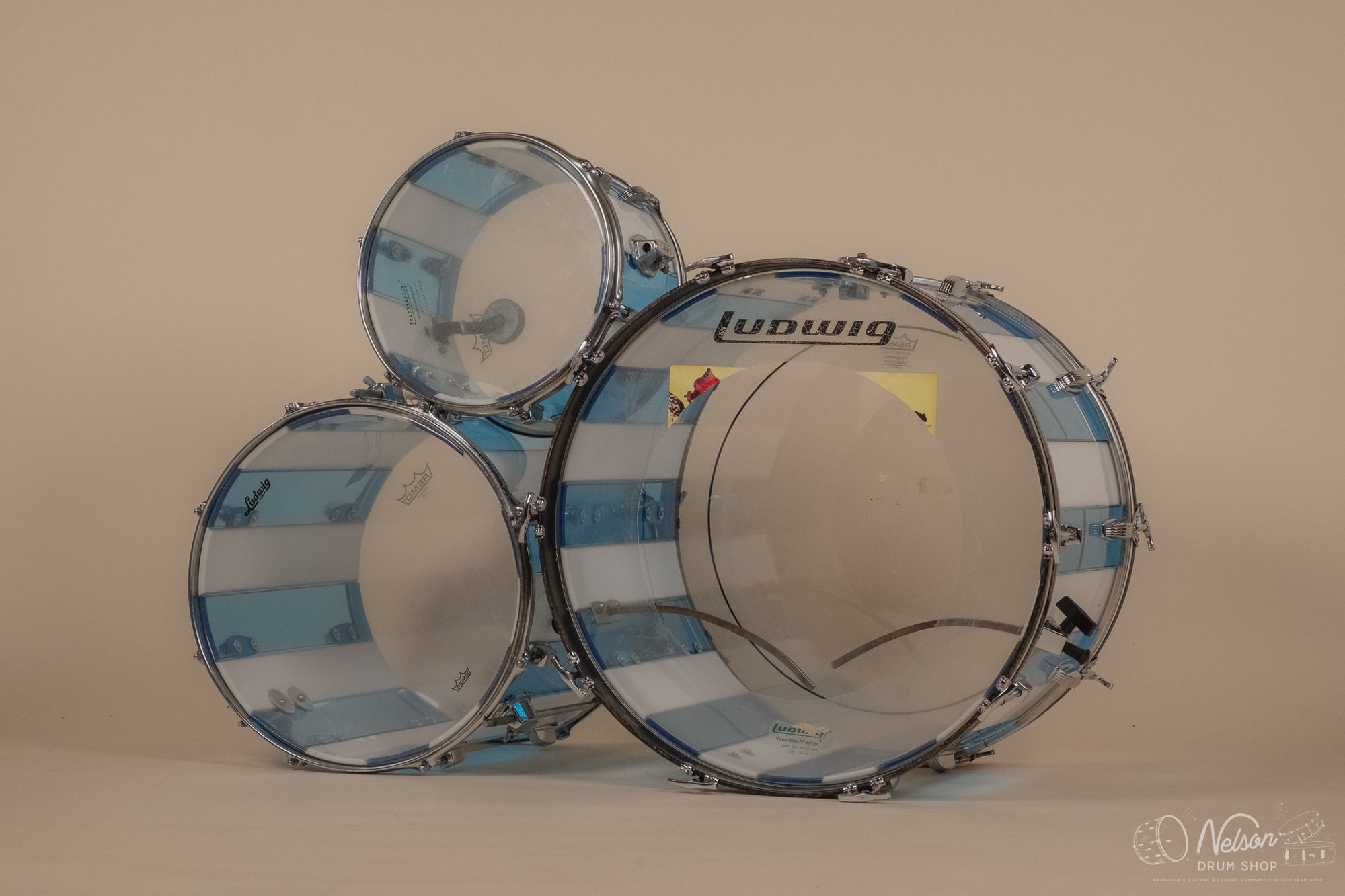 1970s Ludwig Vistalite 'Pattern F' in Blue & White - 14x22, 8x12, 16x16
